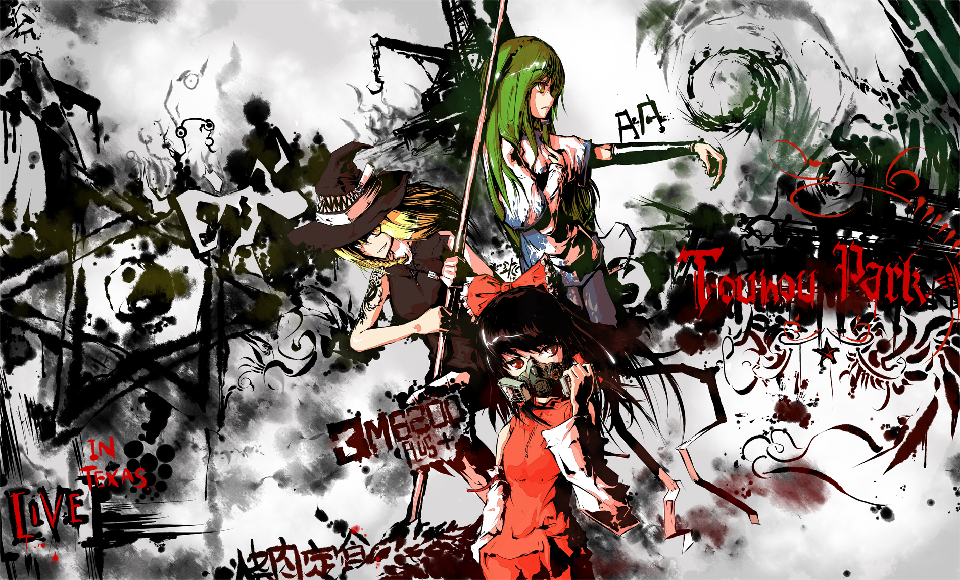 lowlight kirilenko, hakurei reimu, kirisame marisa, kochiya sanae, linkin park, touhou, bad id, bad pixiv id, highres, 3girls, black hair, blonde hair, female focus, gas mask, graffiti, green hair, hat, mask, multiple girls, respirator, witch, witch hat