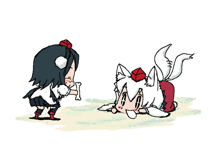 baku taso, inubashiri momiji, shameimaru aya, touhou, + +, 2girls, animal ears, bone, chibi, female focus, geta, multiple girls, tail, tail wagging, tengu-geta, wolf ears, wolf tail