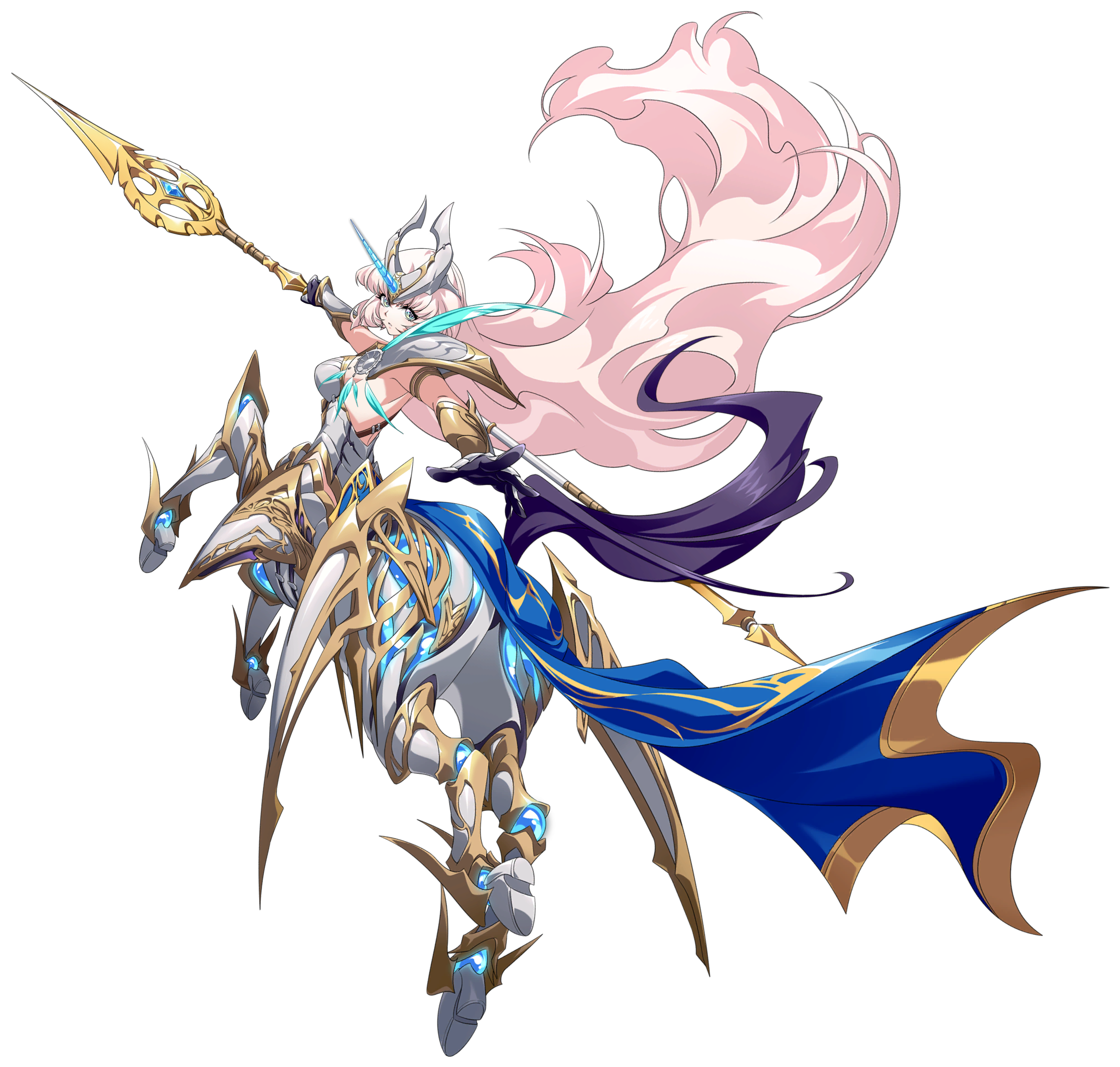 langrisser, langrisser mobile, gold armlet, absurdres, game cg, highres, official art, second-party source, 1girl, armlet, armor, barding, bare back, big hair, black gloves, blue cape, blue feathers, boobplate, breastplate, breasts, cape, centaur, centauroid, cross-shaped pupils, elisse (langrisser), feathers, floating cape, floating hair, from behind, full body, gloves, gold trim, green eyes, headpiece, holding, holding polearm, holding weapon, hooves, horns, horse tail, jewelry, long hair, looking at viewer, looking back, medium breasts, monster girl, multiple legs, official alternate costume, parted lips, pauldrons, pink hair, polearm, reaching, reaching towards viewer, rearing, serious, shoulder armor, simple background, single horn, solo, spear, strap, symbol-shaped pupils, tachi-e, tail, taur, transparent background, unicorn horn, vambraces, very long hair, waist cape, warrior, weapon