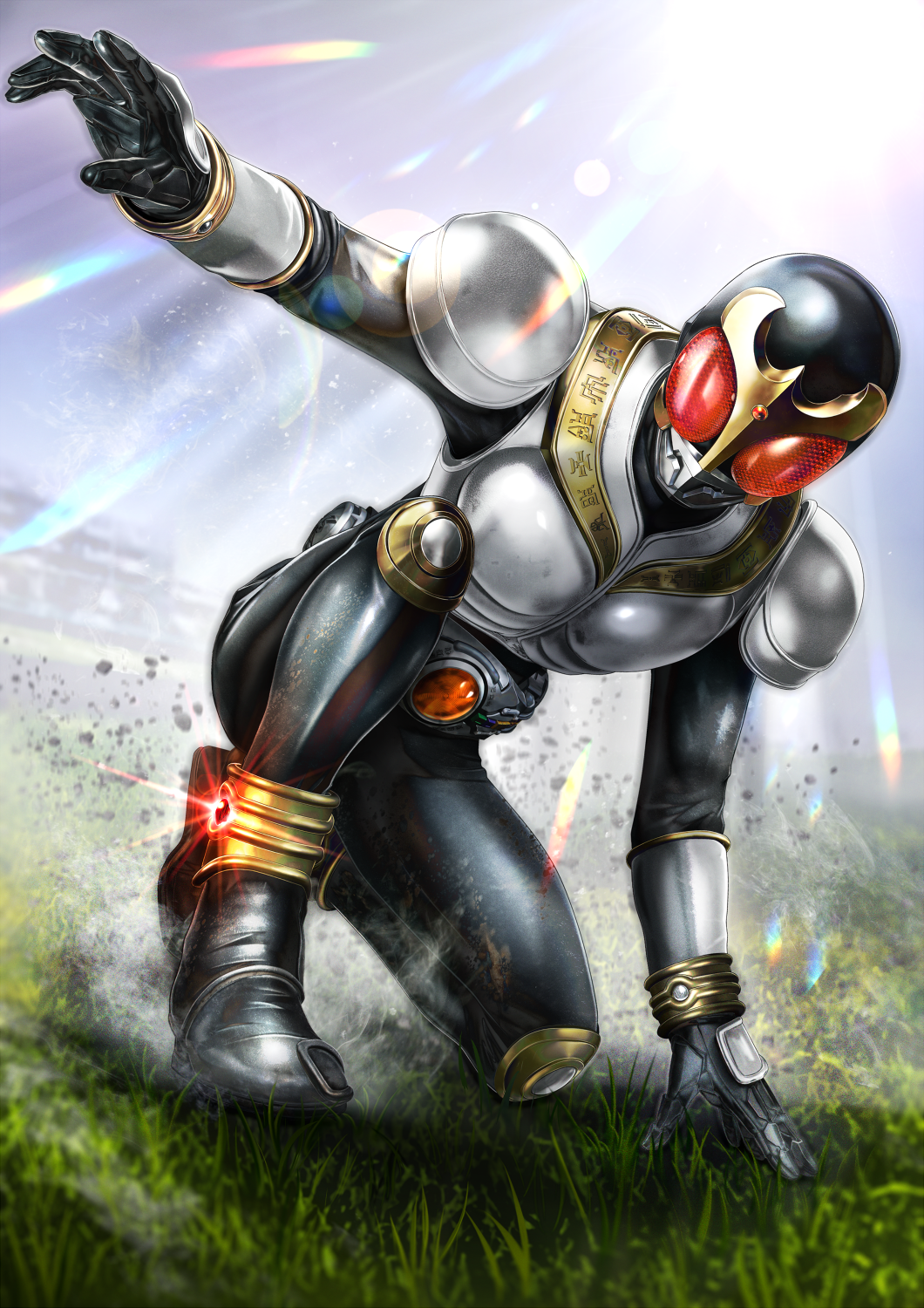 masukudo (hamamoto hikaru), kamen rider kuuga, kamen rider, kamen rider kuuga (series), tokusatsu, highres, 1boy, armor, black bodysuit, bodysuit, full body, male focus, on grass, red eyes, solo