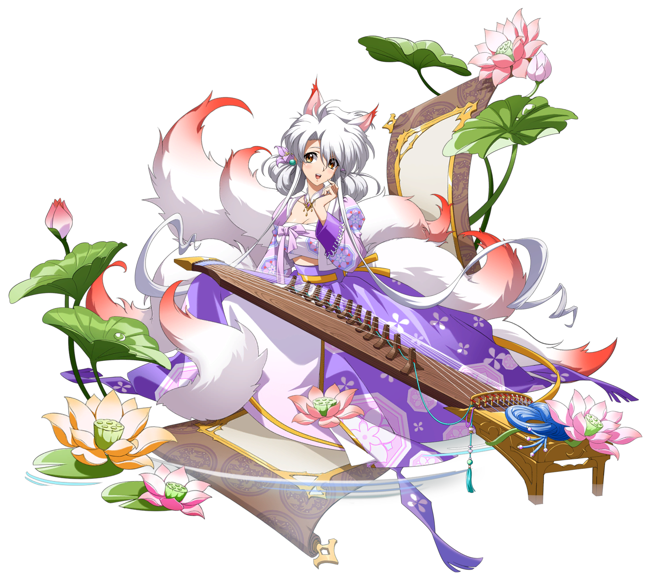 claret (langrisser), langrisser, langrisser mobile, langrisser v, game cg, highres, official art, second-party source, 1girl, :d, absurdly long sidelocks, animal ears, breasts, chest sarashi, cleavage, detached collar, floral print, flower, fox ears, fox girl, fox tail, full body, gradient tail, guzheng, hair between eyes, hair flower, hair ornament, hair tie, hand over face, happi, instrument, japanese clothes, jewelry, kemonomimi mode, kitsune, kyuubi, large tail, lily pad, long hair, looking at viewer, lotus, lotus leaf, medium breasts, midriff, multiple tails, music, necklace, official alternate costume, open clothes, open happi, open mouth, orange eyes, parted hair, pink flower, pink ribbon, plant, pond, purple flower, purple shirt, purple skirt, red tail, ribbon, ripples, sarashi, shirt, simple background, sitting, skirt, smile, solo, tachi-e, tail, transparent background, water, water lily flower, white tail