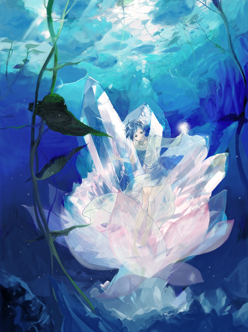 ni-co, niko (silent.whitesnow), original, bad id, bad pixiv id, 1girl, blue hair, crystal, female focus, flower, legs, lotus, on flower, plant, short hair, solo, underwater