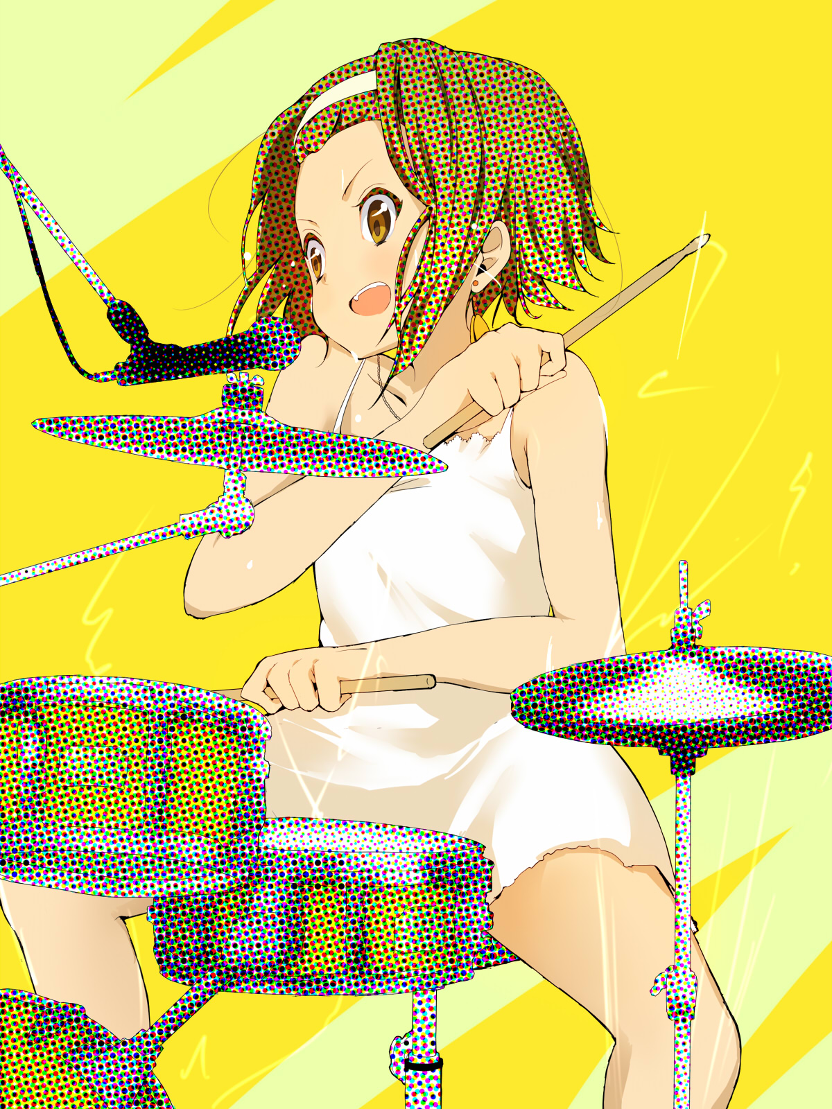 nishiuri warito, tainaka ritsu, k-on!, bad id, bad pixiv id, highres, 00s, 1girl, bare shoulders, brown eyes, brown hair, camisole, drumsticks, female focus, hairband, headband, microphone, microphone stand, short hair, solo