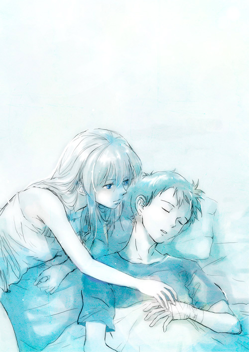 ni-co, niko (silent.whitesnow), ikari shinji, souryuu asuka langley, neon genesis evangelion, bad id, bad pixiv id, 1boy, 1girl, bandages, blue eyes, blue theme, couple, hetero, morning after, sleeping