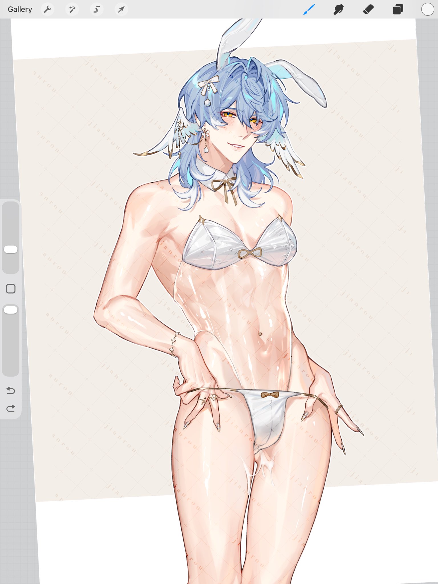 rourouki, sunday (honkai: star rail), honkai: star rail, honkai (series), highres, 1boy, alternate costume, animal ears, art program in frame, blue hair, blush, bulge, cowboy shot, crossdressing, crossdressing (mtf), cum, cum on body, cum on legs, detached collar, earrings, fake animal ears, fingernails, gluteal fold, hair between eyes, head wings, jewelry, male focus, medium hair, multicolored hair, multiple rings, navel, navel piercing, no halo, panties, parted lips, piercing, rabbit ears, ring, sharp fingernails, smile, solo, standing, streaked hair, teeth, thighs, thong, too many watermarks, transparent leotard, two-tone hair, underwear, watermark, white hair, white panties, wings, yellow eyes