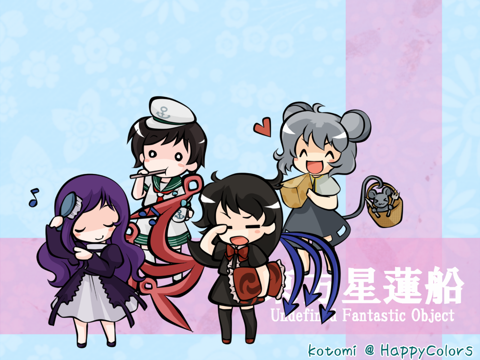 kotomi (artist), kotomi (happy colors), hijiri byakuren, houjuu nue, murasa minamitsu, nazrin, touhou, highres, 4girls, cheese, chibi, comb, eating, female focus, food, heart, multiple girls, pillow, sleepy