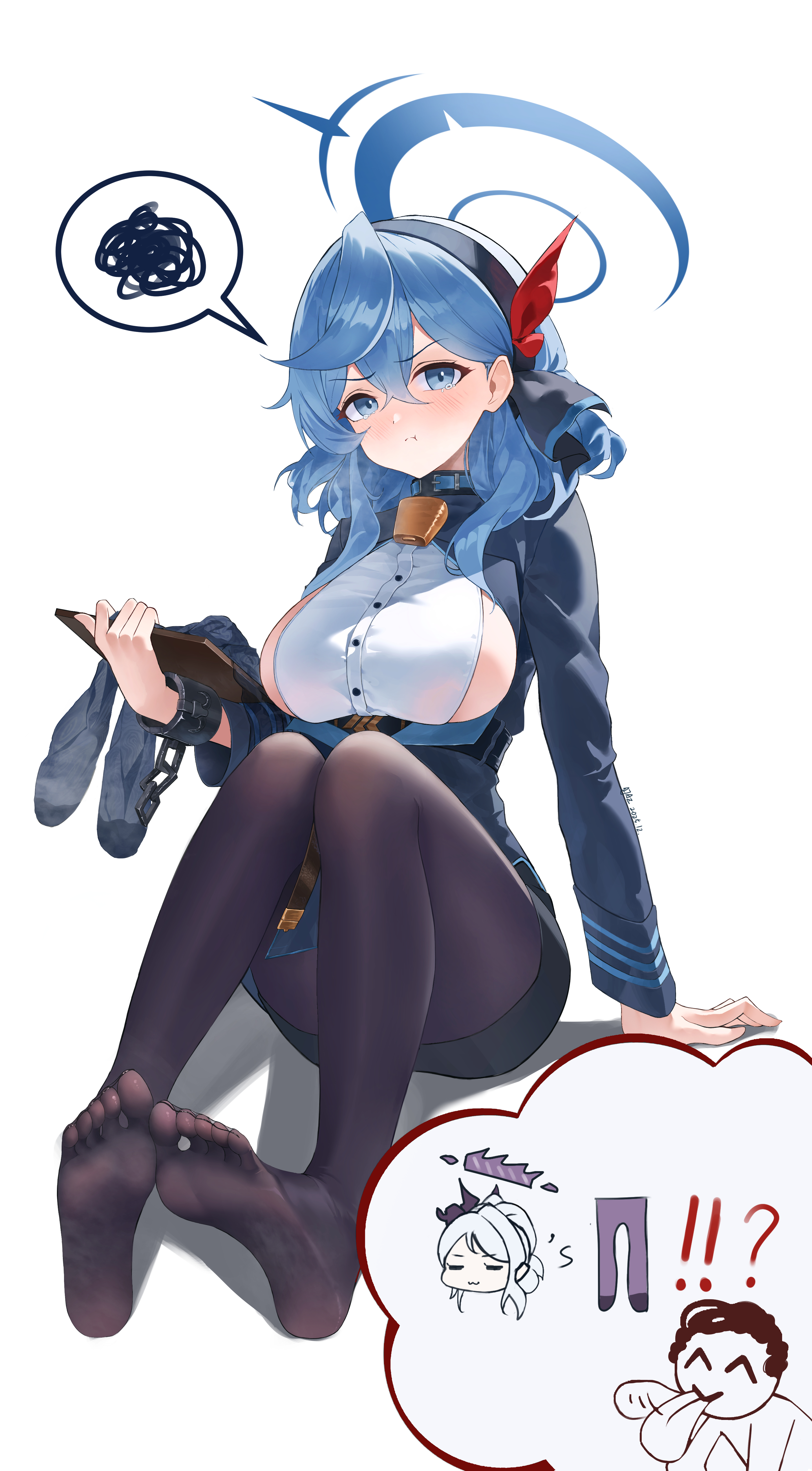 ajaz (artist), ako (blue archive), doodle sensei (blue archive), hina (blue archive), sensei (blue archive), blue archive, absurdres, highres, 2girls, barefoot, black pantyhose, blue eyes, blue hair, blue halo, blush, breasts, buttons, chibi, halo, holding, large breasts, long hair, multiple girls, pantyhose, simple background, sitting, soles, thighs, toenails, white background, white hair, wrist cuffs