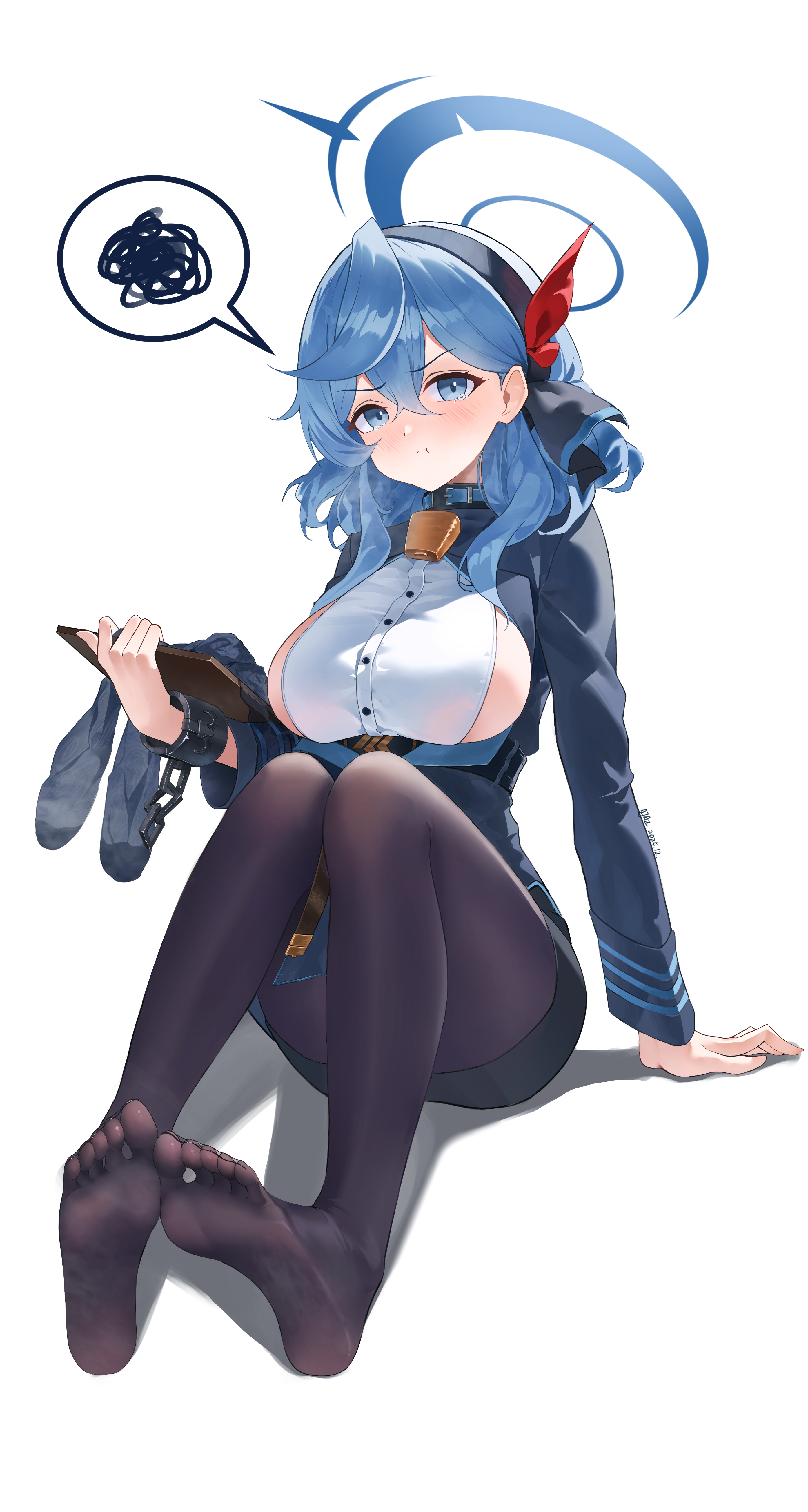 ajaz (artist), ako (blue archive), blue archive, absurdres, highres, 1girl, barefoot, black pantyhose, blue eyes, blue hair, blue halo, blush, breasts, buttons, halo, holding, large breasts, long hair, multiple girls, pantyhose, simple background, sitting, soles, solo, thighs, toenails, white background, wrist cuffs