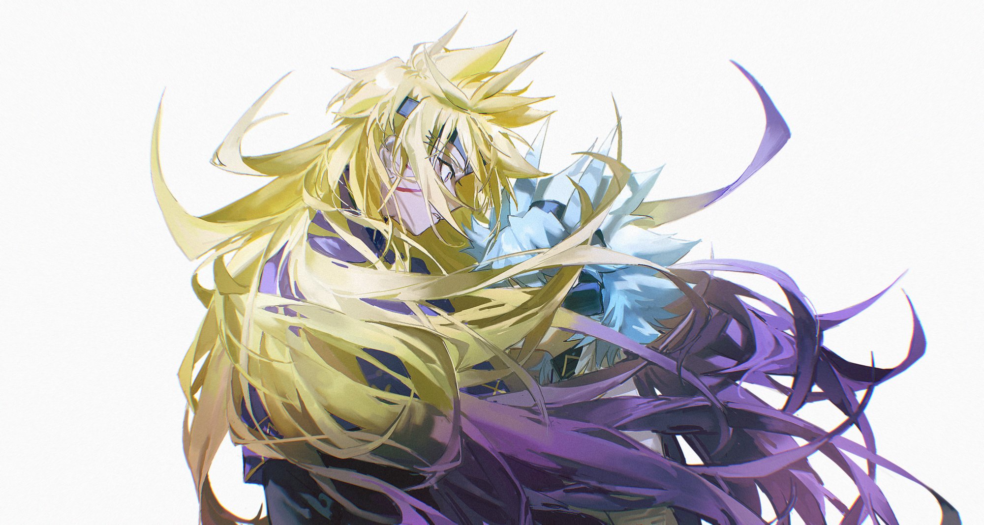 alien 888, yudias velgear, zuwijo zir velgear, yu-gi-oh!, yu-gi-oh! go rush!!, bad link, highres, 2boys, antenna hair, arms at sides, black headband, blonde hair, blue hair, coat, colored tips, covered face, facial mark, facing another, hair over eyes, hair over face, hair slicked back, headband, headphones, hug, leaning on person, long hair, looking at another, looking down, male focus, multicolored hair, multiple boys, purple coat, purple eyes, spiked hair, white background, white coat, wind, worried
