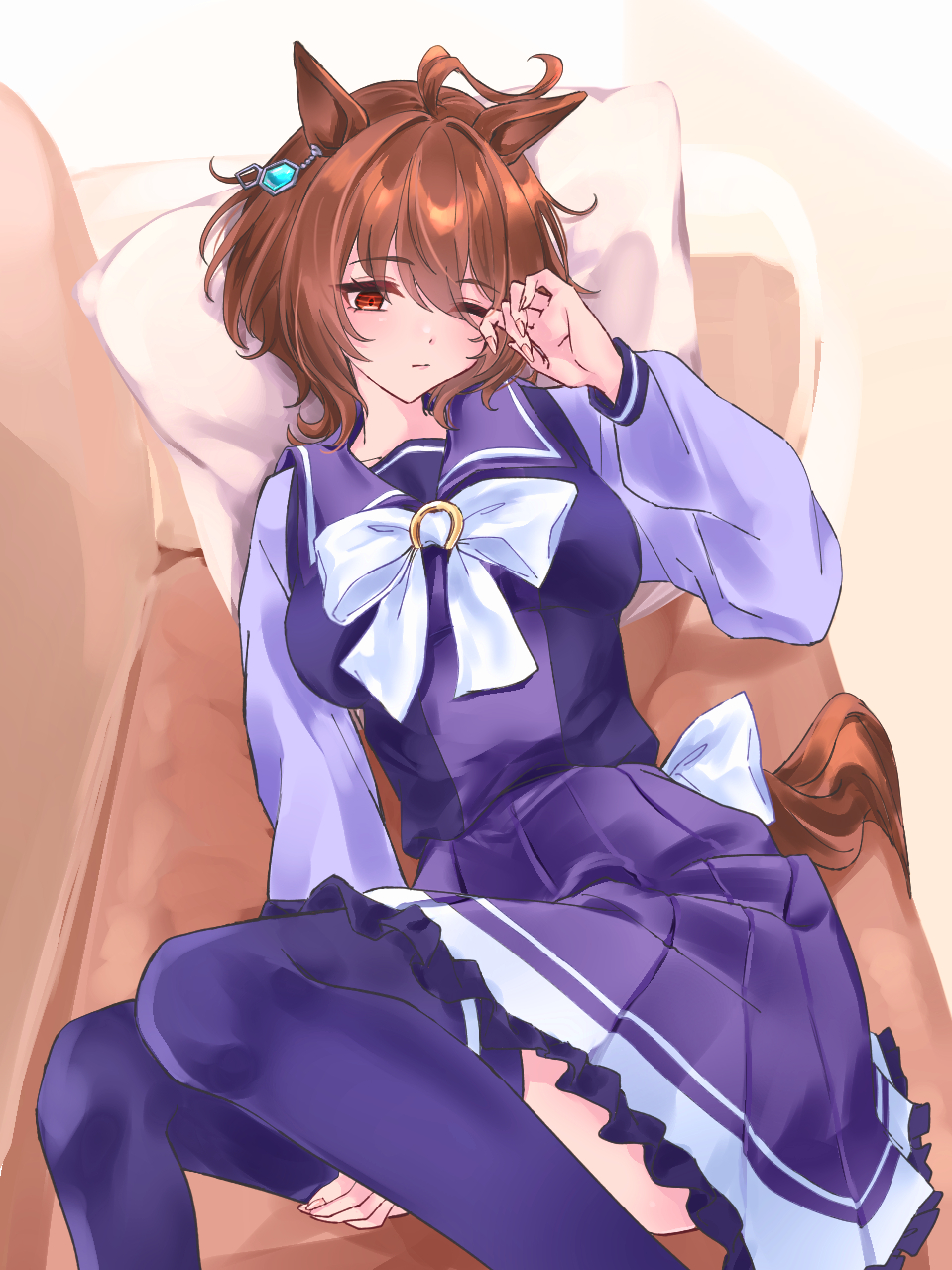 agnes tachyon (umamusume), umamusume, highres, ahoge, animal ears, bow, bowtie, breasts, brown hair, chemical structure, closed mouth, ear ornament, earrings, hair between eyes, holding own leg, horse ears, horse girl, horse tail, jewelry, medium breasts, pleated skirt, purple sailor collar, purple shirt, purple skirt, purple thighhighs, red eyes, rubbing eyes, sailor collar, shirt, shirt tucked in, short hair, single earring, skirt, sleepy, tail, thighhighs, user xkcn4853, waist bow, white bow, white bowtie, wolf cut, zettai ryouiki