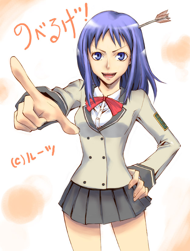 tatsubon, itoi kaede, noberuge, translation request, 1girl, arrow (projectile), arrow in body, arrow in head, blue eyes, blue hair, breasts, copyright name, female focus, gradient background, hand on own hip, hip focus, matching hair/eyes, object through head, pointing, school uniform, short hair, skirt, solo
