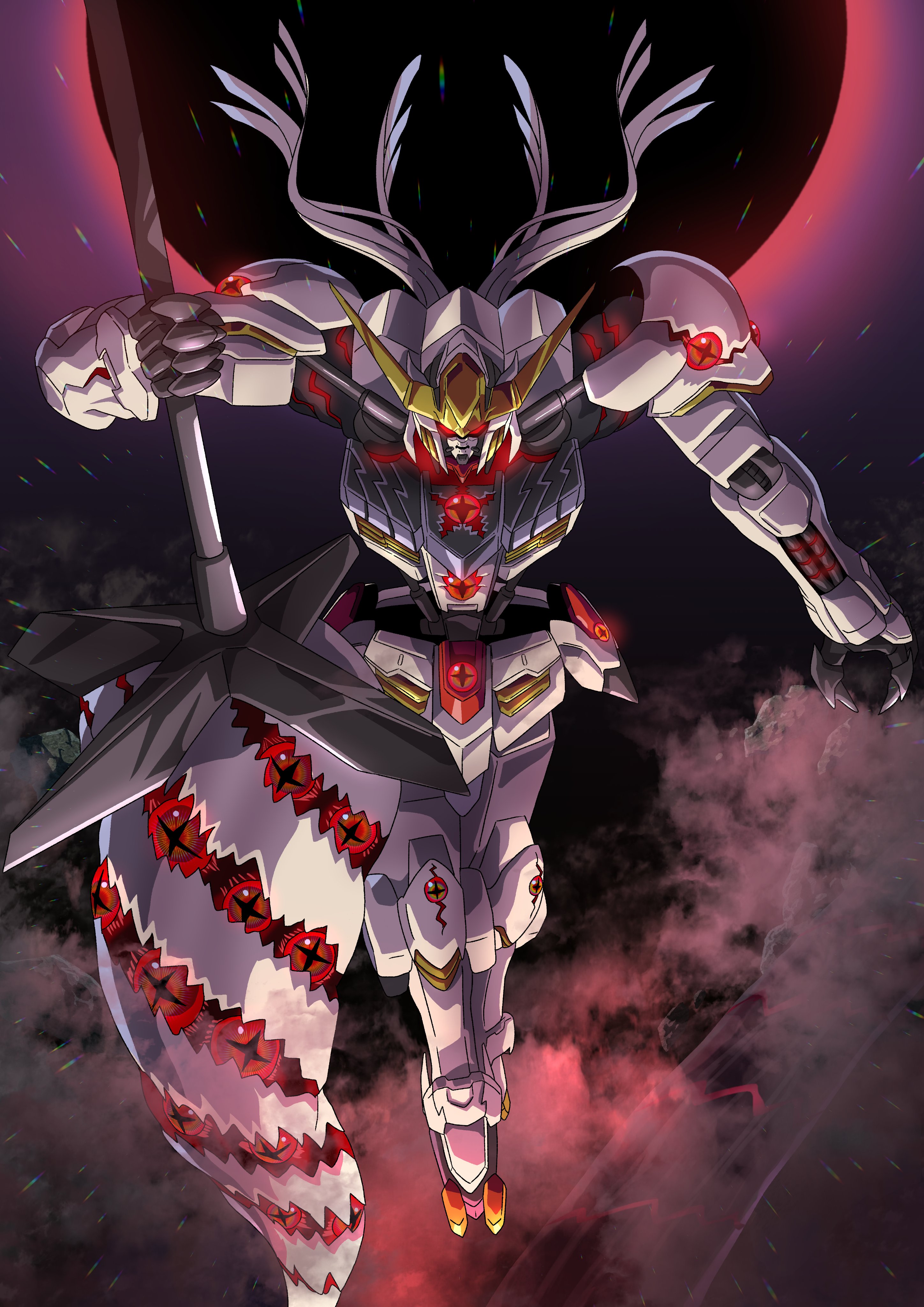 tyuuboutyauyo, demon pillar (fate), gundam barbatos, fate/grand order, fate (series), gundam, gundam tekketsu no orphans, absurdres, highres, club (weapon), eclipse, extra eyes, holding, holding club, holding weapon, mecha, mecha focus, mobile suit, name connection, no humans, robot, smoke, weapon