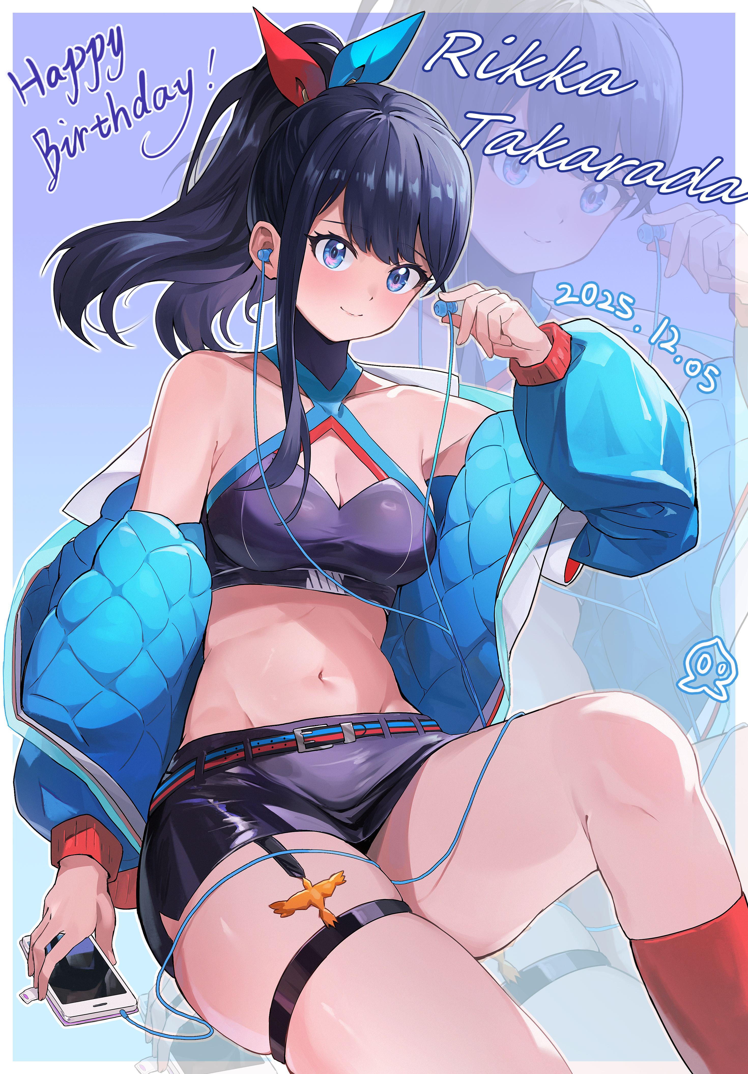 takarada rikka, gridman universe, ssss.gridman, absurdres, highres, 1girl, bare shoulders, black gloves, black hair, black panties, black shirt, black skirt, blue eyes, blue jacket, blush, breasts, cellphone, character name, cleavage, crop top, dated, gloves, happy birthday, jacket, large breasts, leg tattoo, long hair, long sleeves, looking at viewer, microskirt, navel, official alternate costume, official alternate hairstyle, open clothes, open jacket, panties, phone, ponytail, puffy long sleeves, puffy sleeves, shirt, signature, skindentation, skirt, smartphone, smile, solo, stomach, tao xiaofan pduk, tattoo, thigh strap, thighs, underwear