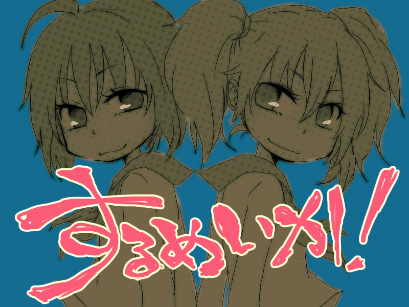 chiini (yukako), ugumori sachi, watanabe miki, surumeika, bad id, bad pixiv id, 2girls, back-to-back, blue background, brown theme, halftone, monochrome, multiple girls, simple background, smile