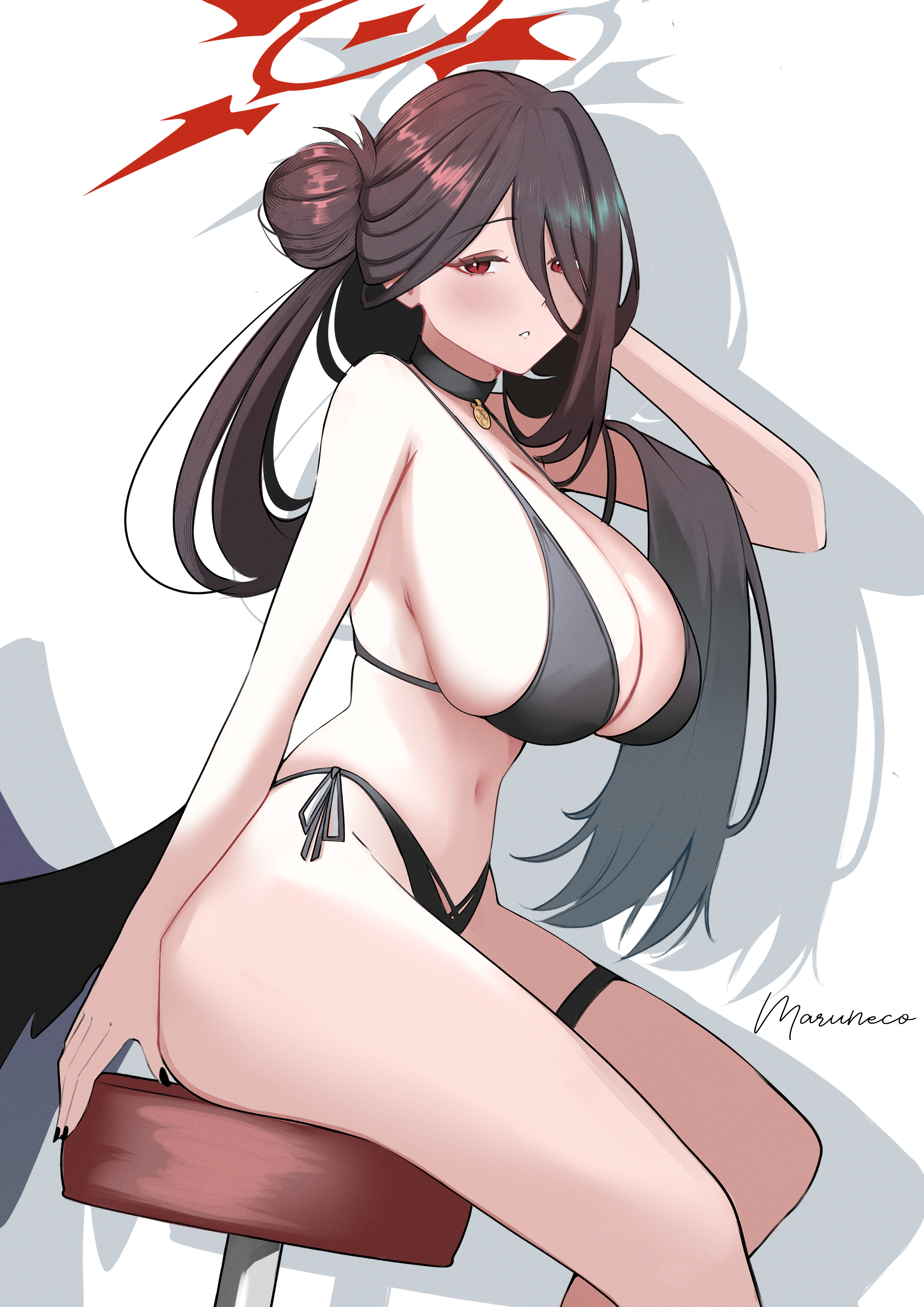 maruneco, hasumi (blue archive), hasumi (swimsuit) (blue archive), blue archive, absurdres, highres, 1girl, bare shoulders, bikini, black bikini, black hair, black wings, blush, breasts, choker, cleavage, front-tie bikini top, front-tie top, groin, hair between eyes, hair bun, halo, huge breasts, long hair, long hair between eyes, looking at viewer, low wings, navel, parted lips, red eyes, red halo, side-tie bikini bottom, side ponytail, single side bun, sitting, solo, swimsuit, thigh strap, thighs, very long hair, wings