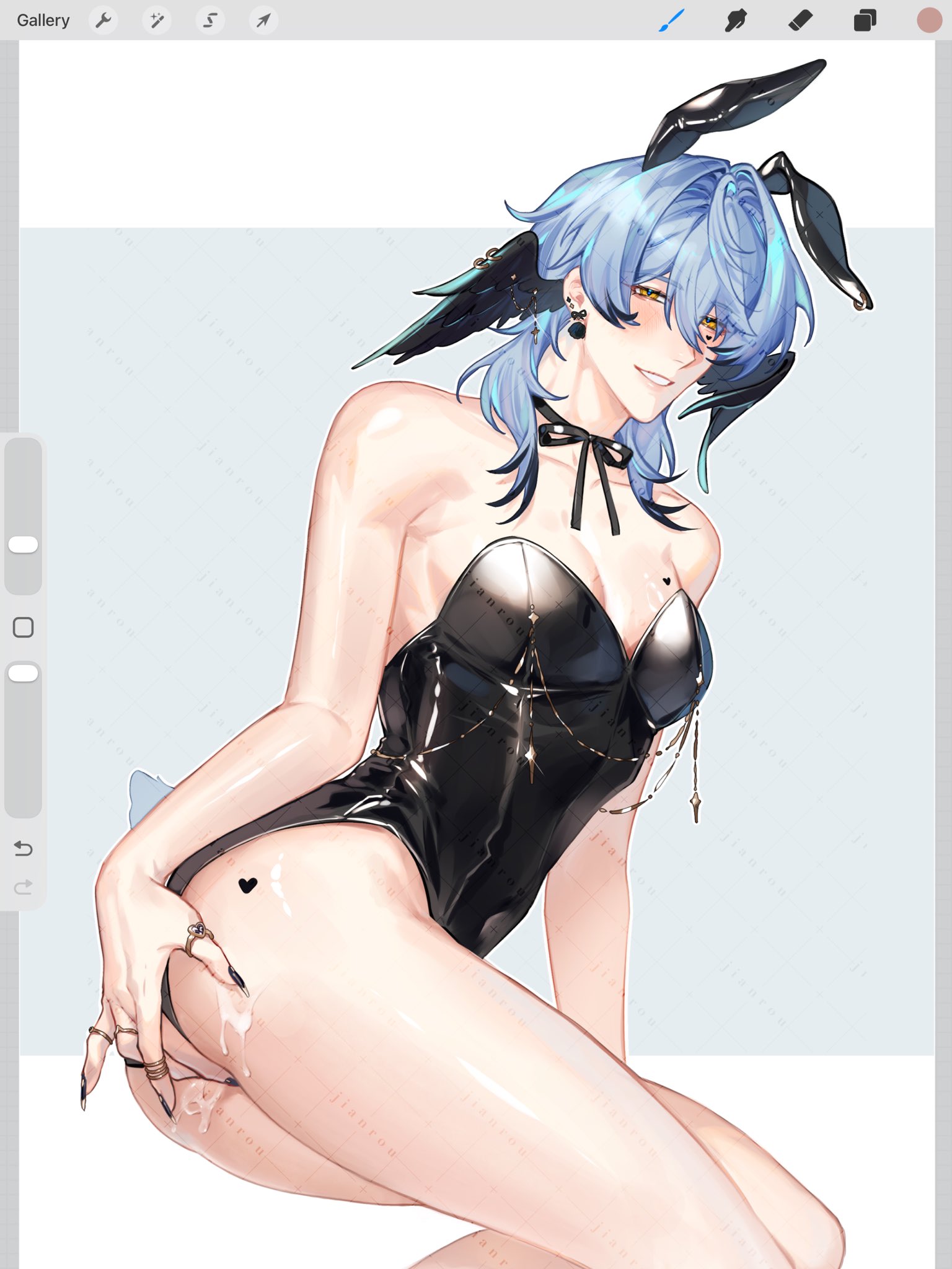 rourouki, sunday (honkai: star rail), honkai: star rail, honkai (series), highres, 1boy, alternate hair color, alternate wing color, animal ears, art program in frame, black hair, black leotard, black nails, black ribbon, black wings, blue hair, blush, crossdressing, crossdressing (mtf), cum, cum on ass, cum on body, earrings, fake animal ears, head wings, heart, jewelry, leotard, looking at viewer, male focus, multicolored hair, multiple rings, neck ribbon, piercing, rabbit ears, ribbon, ring, smile, solo, streaked hair, thighs, two-tone hair, wing piercing, wings, yellow eyes