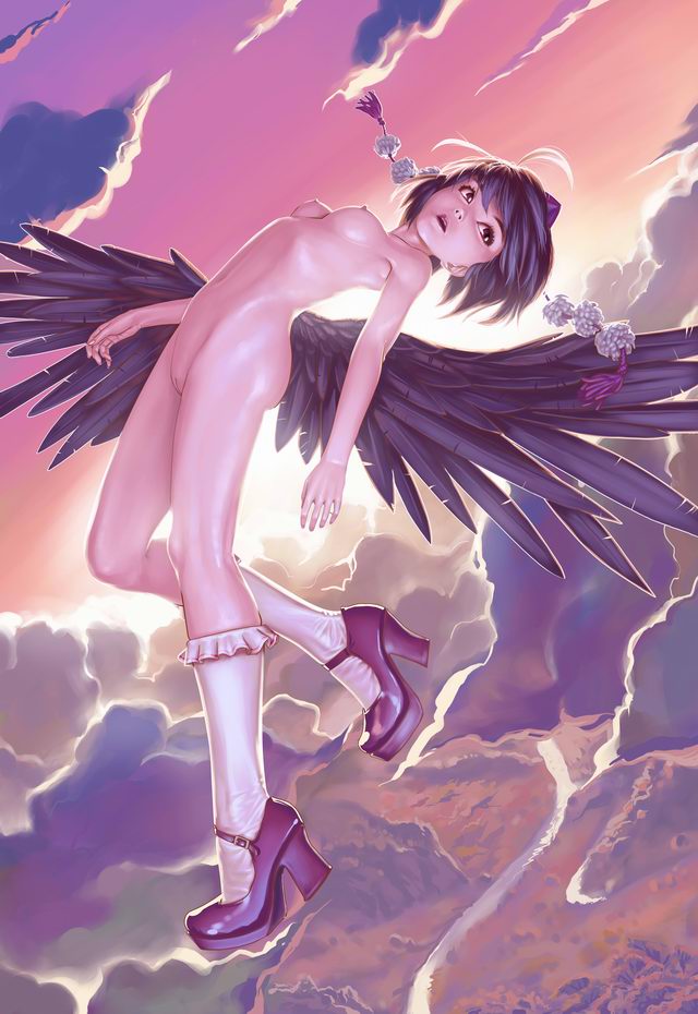 geister, shameimaru aya, touhou, black hair, black wings, breasts, hat, mary janes, nipples, nude, pussy, red eyes, shoes, short hair, sky, socks, tokin hat, uncensored, wings