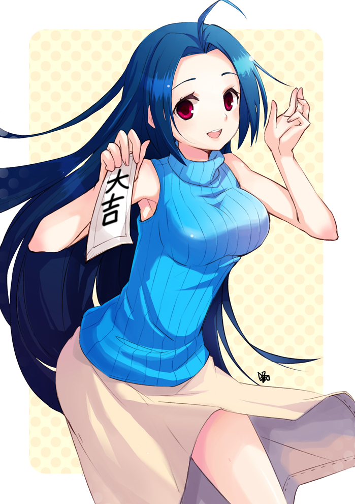 jin young-in, miura azusa, idolmaster, idolmaster (classic), bad id, bad pixiv id, translated, 00s, 1girl, :d, ahoge, armpits, bare shoulders, blue hair, breasts, female focus, large breasts, long hair, looking at viewer, omikuji, open mouth, red eyes, ribbed sweater, ribbed turtleneck sweater, sleeveless, sleeveless turtleneck, smile, solo, sweater, turtleneck, very long hair