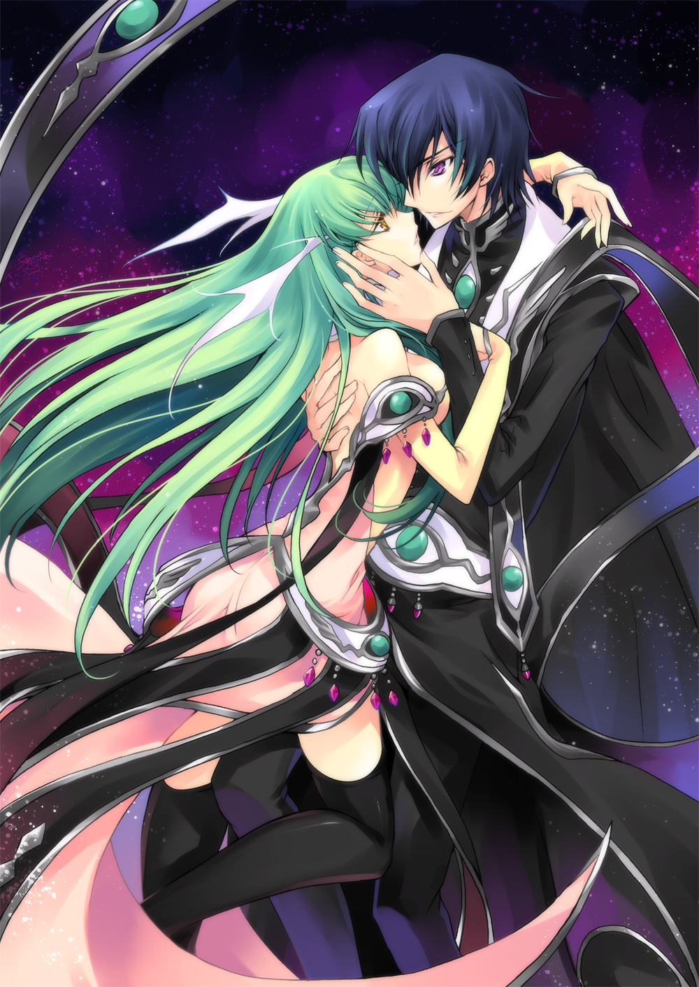 creayus, c.c., lelouch vi britannia, code geass, highres, 00s, 1boy, 1girl, ass, black hair, black thighhighs, breasts, cape, couple, detached sleeves, dress, frills, green hair, hetero, hug, imminent kiss, jewelry, long hair, purple eyes, short hair, space, star (symbol), thighhighs, topless female, very long hair, yellow eyes