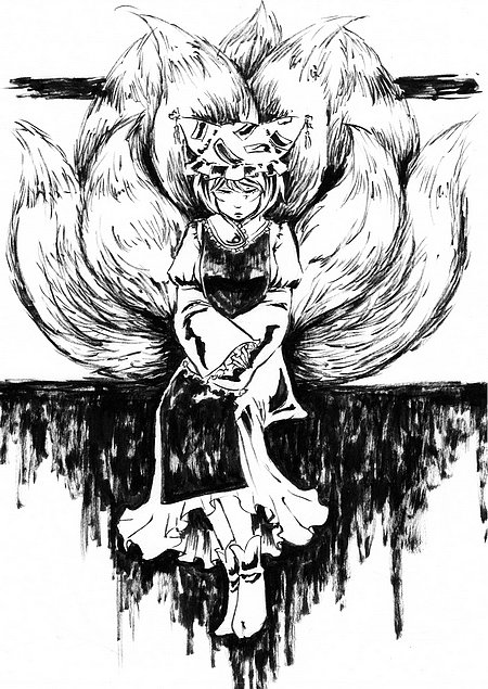 misaka tsumugi, yakumo ran, touhou, bad id, bad pixiv id, 1girl, animal hat, female focus, fox tail, full body, greyscale, hat, long sleeves, mob cap, monochrome, multiple tails, shoes, short hair, sketch, solo, tail, tassel, white background, wide sleeves