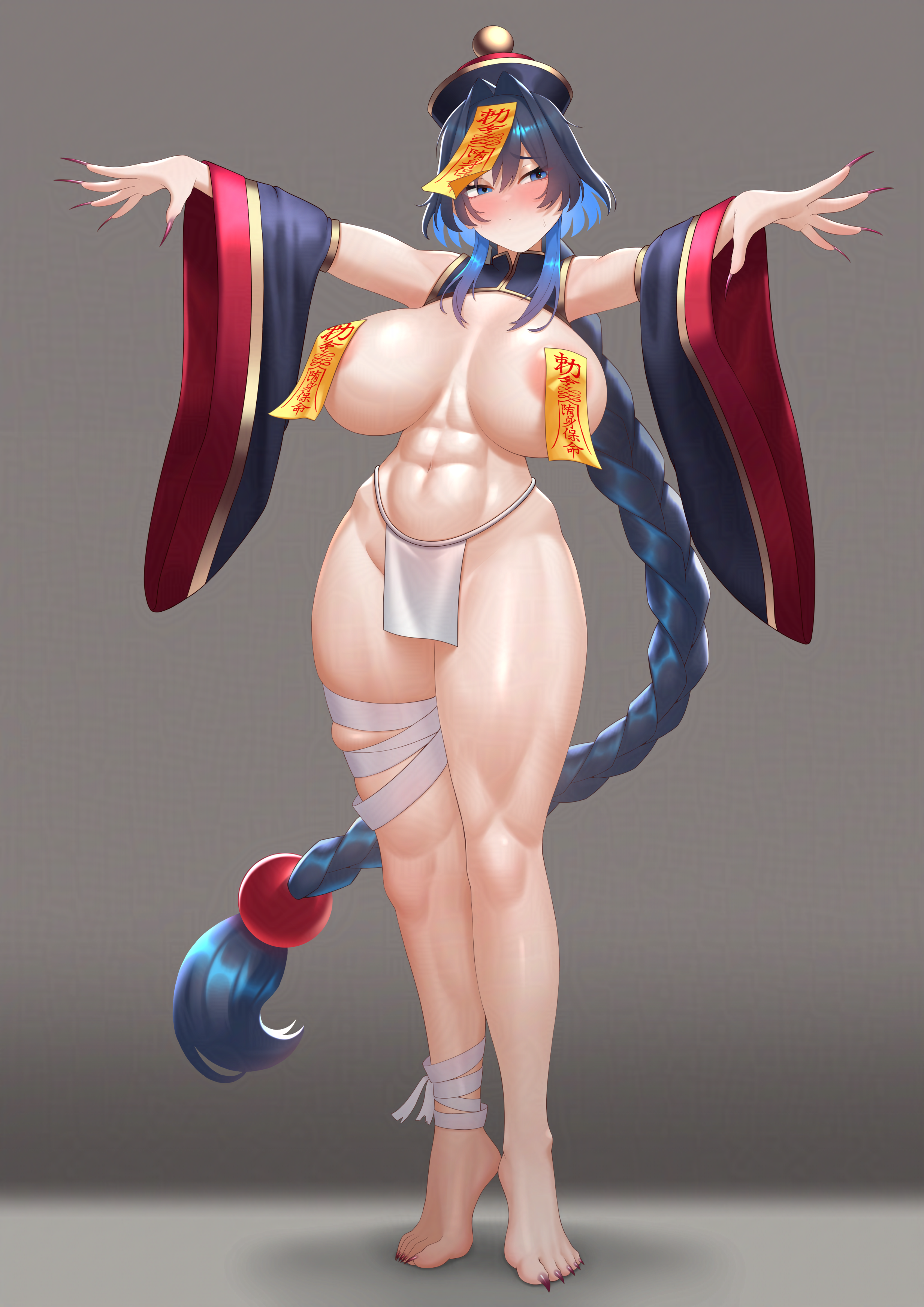 cipher4109, ouro kronii, hololive, hololive english, absurdres, commentary, english commentary, highres, variant set, 1girl, abs, alternate costume, areola slip, bandaged leg, bandages, bare legs, barefoot, black hair, blue eyes, blue hair, blue shrug, blue sleeves, blush, braid, braided ponytail, breasts, chinese clothes, cleavage, closed mouth, colored inner hair, detached sleeves, dress, fingernails, full body, groin, hair intakes, hat, hat ornament, huge breasts, jiangshi, jiangshi costume, lace-trimmed sleeves, lace trim, large breasts, loincloth, long fingernails, long hair, long sleeves, long toenails, looking at viewer, low ponytail, multicolored hair, muscular, muscular female, ofuda, ofuda on head, ofuda on nipples, outstretched arms, pasties, pelvic curtain, ponytail, purple hat, qingdai guanmao, red trim, sharp fingernails, shrug (clothing), sideboob, simple background, smile, solo, standing, stomach, talisman, thighs, tiptoes, toenails, very long hair, virtual youtuber, white loincloth, zombie pose