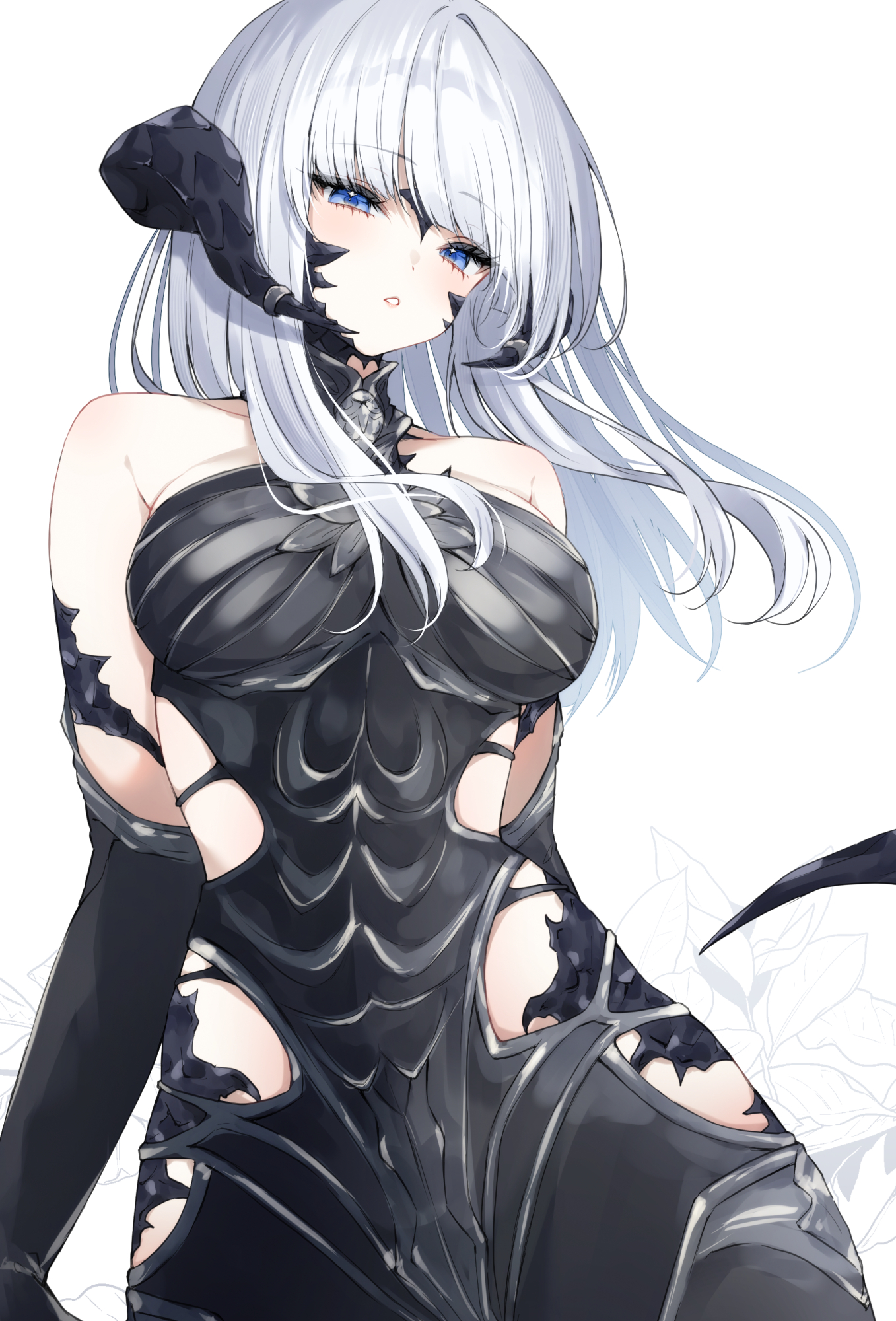 sana (sanamaru 0w0), omega-f, omega (final fantasy), warrior of light (ff14), final fantasy, final fantasy xiv, highres, 1girl, au ra, bare shoulders, black bodysuit, blue eyes, bodysuit, breasts, clothing cutout, collared bodysuit, cosplay, dragon girl, dragon horns, dragon tail, elbow gloves, gloves, hip vent, horns, long hair, looking at viewer, omega-f (cosplay), scales, simple background, sleeveless, sleeveless bodysuit, solo, tail, white background, white hair