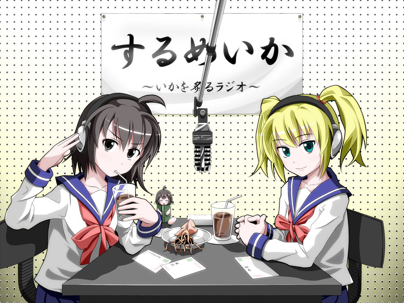 makoto (maknag), ugumori sachi, watanabe miki, surumeika, drinking, headphones, letter, microphone, radio booth, recording studio, school uniform, sitting, squid, studio microphone