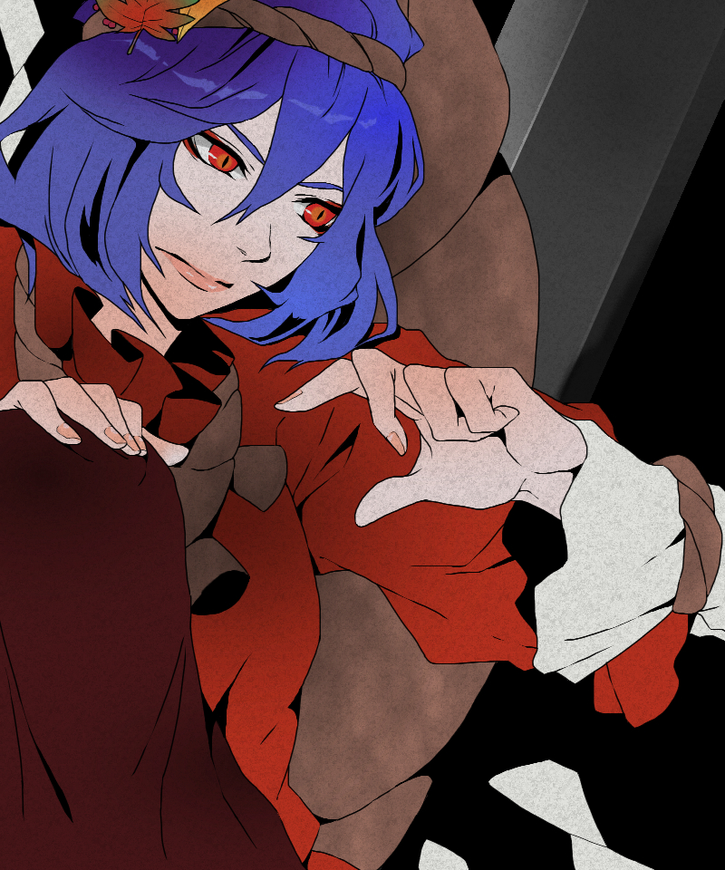 ichitora, yasaka kanako, touhou, bad id, bad pixiv id, 1girl, black background, blue hair, female focus, red eyes, rope, short hair, solo