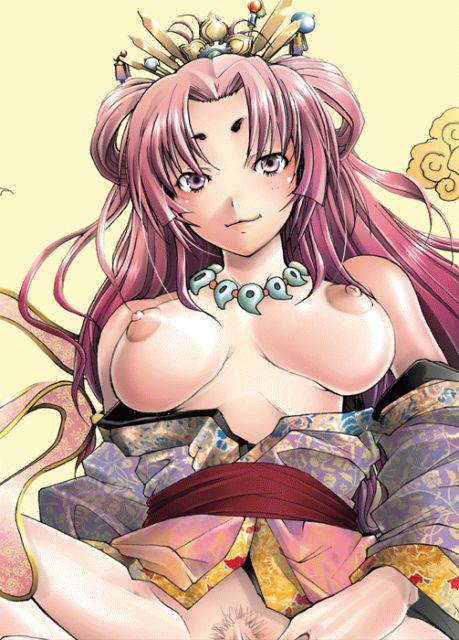 sakai hamachi, 1girl, breasts, female focus, female pubic hair, hair ornament, japanese clothes, jewelry, kimono, long hair, magatama, necklace, nipples, off shoulder, pink hair, pubic hair, smile, solo, uncensored