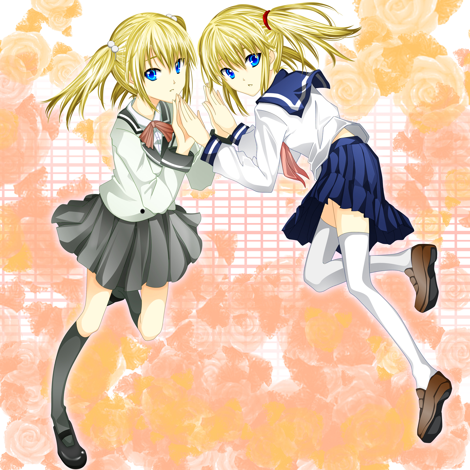 shichouson, narahara kei, watanabe miki, noberuge, surumeika, highres, school uniform, symmetrical hand pose, thighhighs, zettai ryouiki