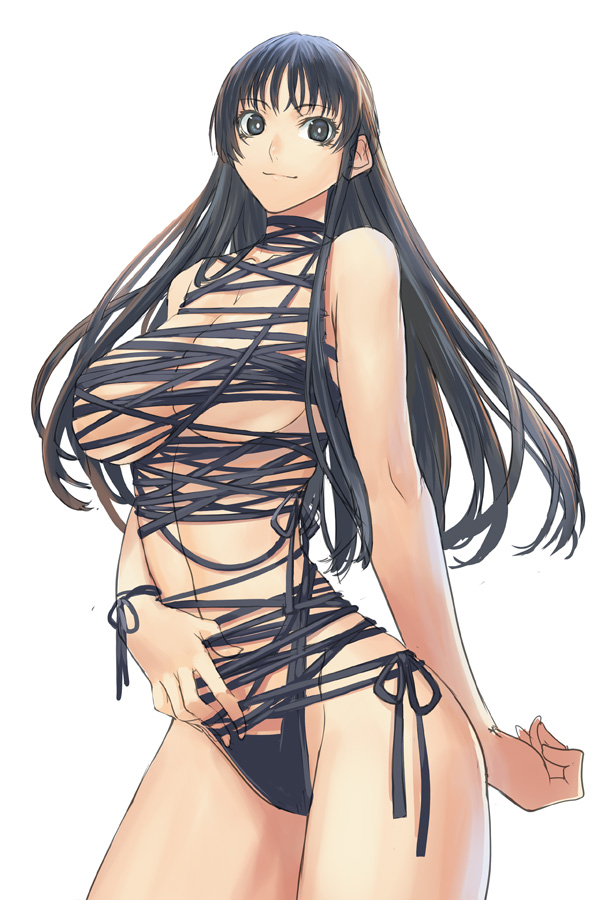 ran'ou (tamago no kimi), original, 1girl, bikini, black eyes, black hair, breasts, female focus, large breasts, long hair, ribbon, side-tie bikini bottom, solo, swimsuit