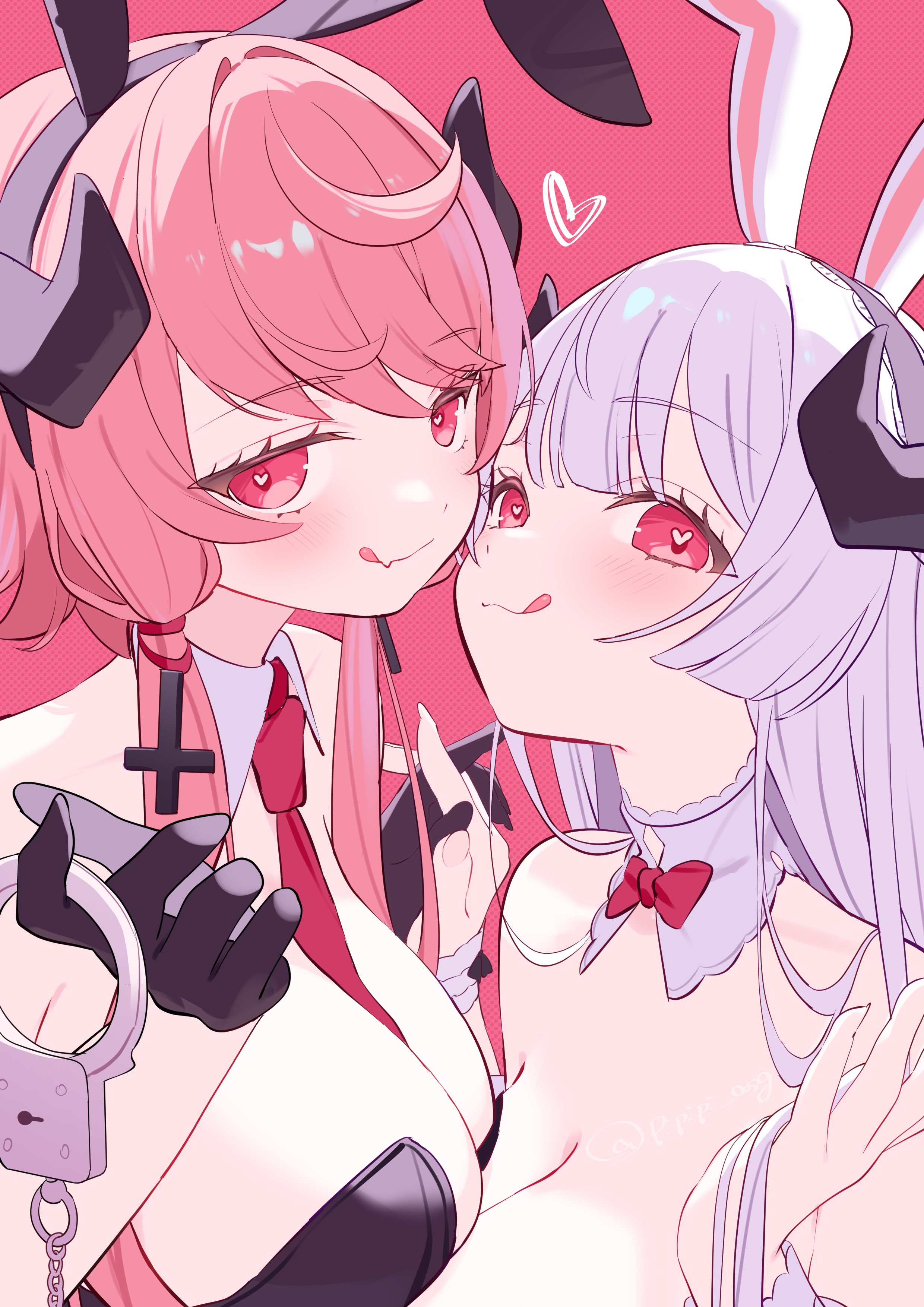 escape 25dm, bernina (stella sora), virigia (stella sora), stella sora, absurdres, commentary, highres, 2girls, animal ear hairband, animal ears, asymmetrical docking, bare shoulders, between breasts, black gloves, black leotard, bow, bowtie, breast press, breasts, cleavage, demon girl, demon horns, detached collar, fake animal ears, fang, frilled wrist cuffs, frills, gloves, grey hair, hairband, handcuff dangle, heart, heart in eye, height difference, holding hands, horns, interlocked fingers, large breasts, leotard, licking lips, light blush, long hair, looking at viewer, multiple girls, necktie, necktie between breasts, official alternate costume, pink hair, playboy bunny, rabbit ears, red background, red bow, red bowtie, red eyes, red necktie, skin fang, smile, symbol in eye, tongue, tongue out, traditional bowtie, twitter username, upper body, white wrist cuffs, wrist cuffs