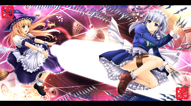 rakujin, izayoi sakuya, kirisame marisa, touhou, silver hair, 2girls, album cover, blonde hair, blue eyes, braid, broom, cover, female focus, hat, knife, kunai, long hair, multiple girls, short hair, throwing knife, twin braids, weapon, witch, witch hat, yellow eyes