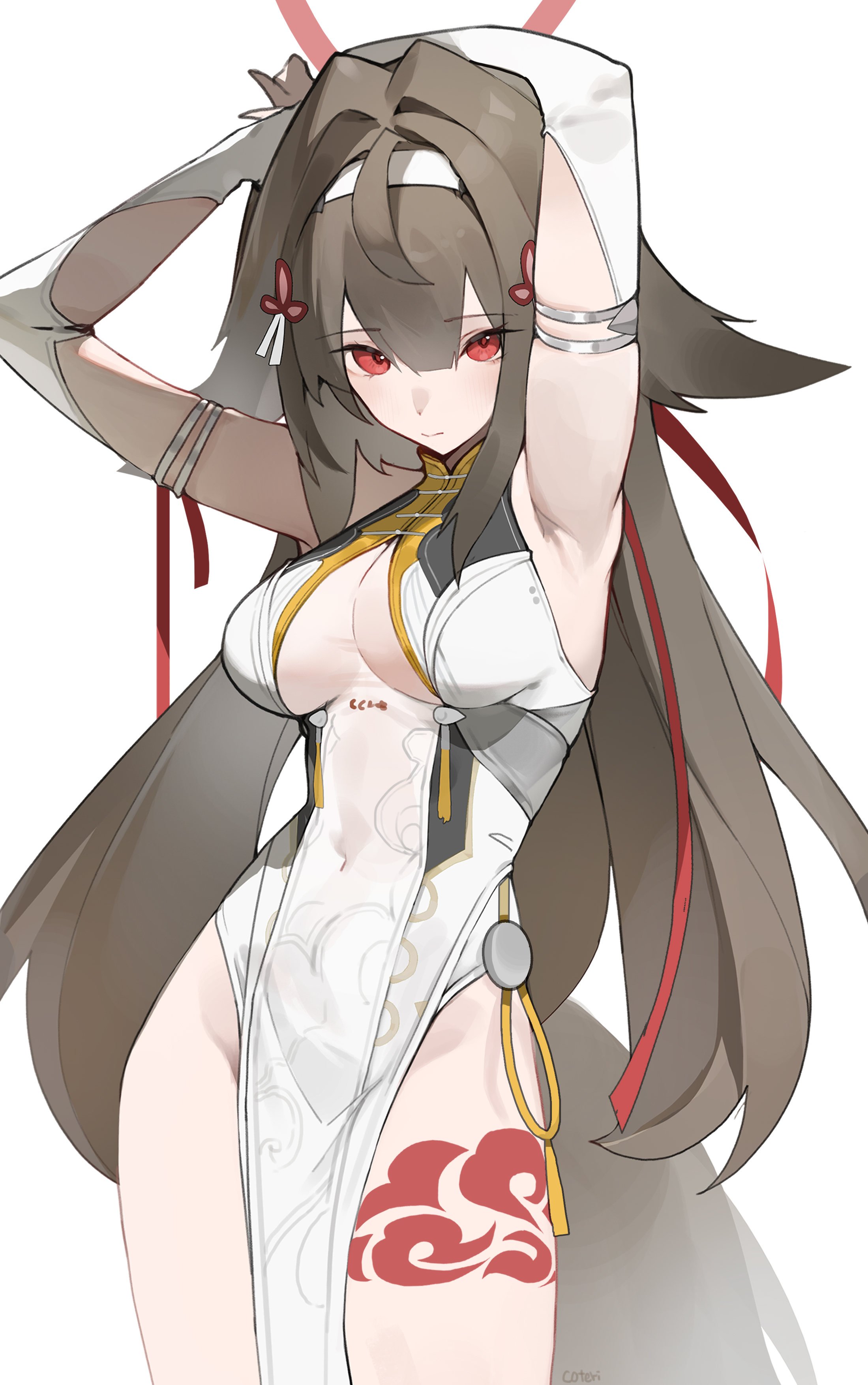 coteri, ye shunguang, zenless zone zero, absurdres, commentary, highres, 1girl, armlet, armpits, arms up, artist name, body markings, breasts, brown hair, closed mouth, covered navel, cowboy shot, fox tail, hair flaps, hair ornament, hairband, jewelry, la grondement du haine, large breasts, leotard, long hair, looking at viewer, pelvic curtain, red eyes, simple background, solo, tail, thighs, very long hair, white background, white hairband, white leotard