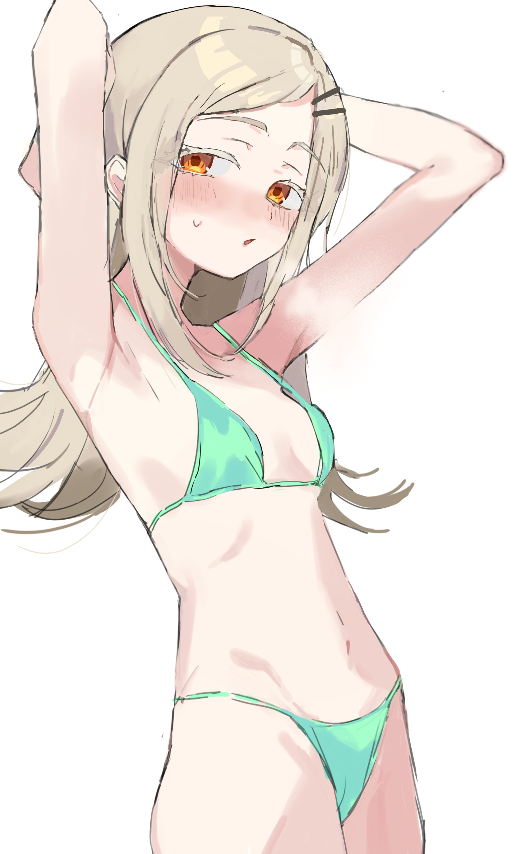 shinosawa hiro, gakuen idolmaster, idolmaster, absurdres, commentary request, highres, partial commentary, 1girl, :o, alternate costume, armpits, arms behind head, arms up, bikini, blonde hair, blush, breasts, breath, colored eyelashes, flipped hair, green bikini, long hair, looking at viewer, navel, nose blush, orange eyes, presenting armpit, sideways glance, simple background, small breasts, solo, stomach, string bikini, sweatdrop, swept bangs, swimsuit, tain (vrpg8743), thighs, white background