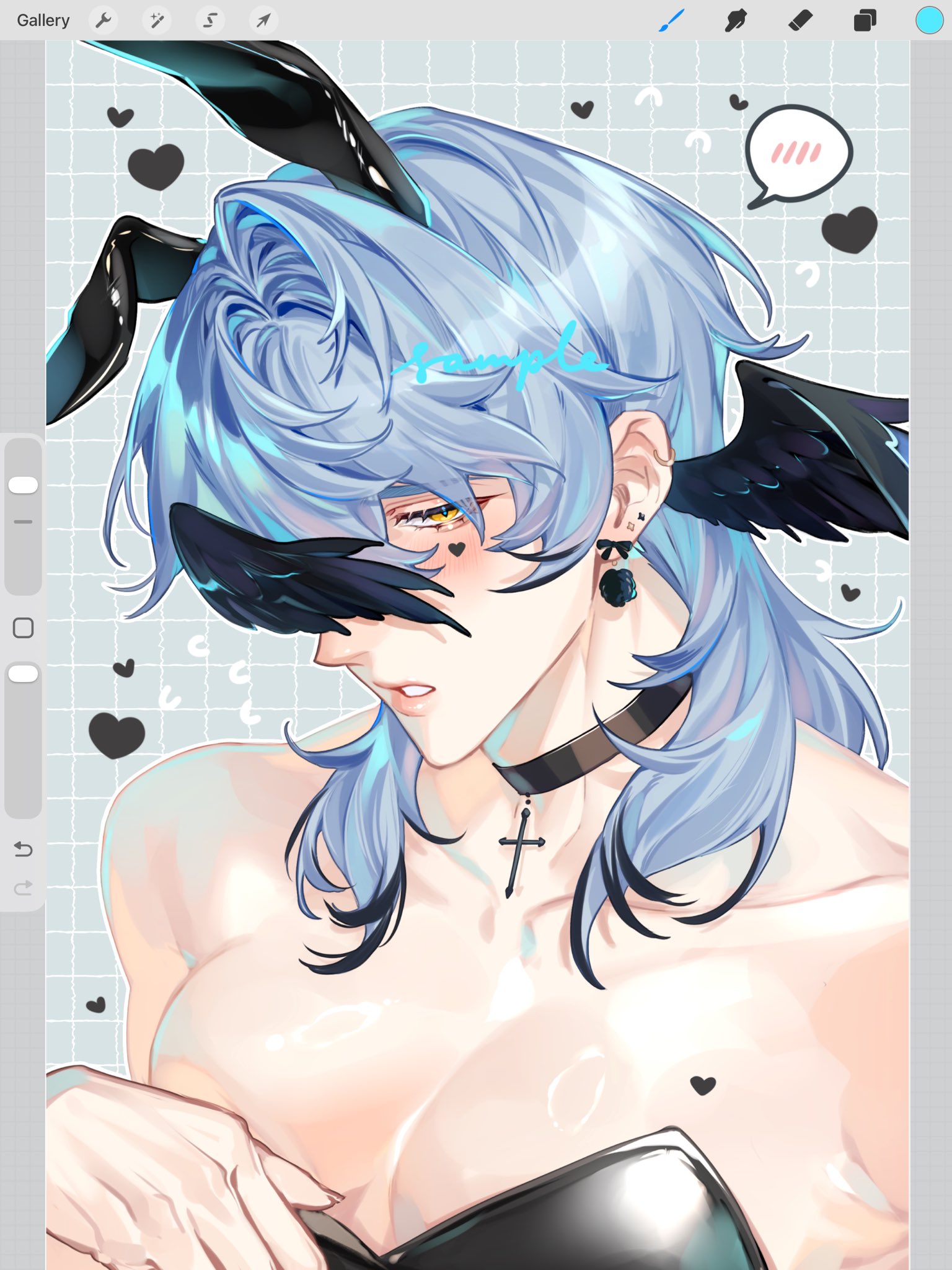 rourouki, sunday (honkai: star rail), honkai: star rail, honkai (series), commentary, highres, 1boy, alternate hair color, alternate wing color, art program in frame, black choker, black hair, black leotard, black wings, blue hair, blush, choker, collarbone, colored tips, cross, cross choker, crossdressing, crossdressing (mtf), embarrassed, head wings, heart, leotard, looking at viewer, male focus, male playboy bunny, multicolored hair, no halo, pectorals, portrait, solo, spoken blush, wings, yellow eyes