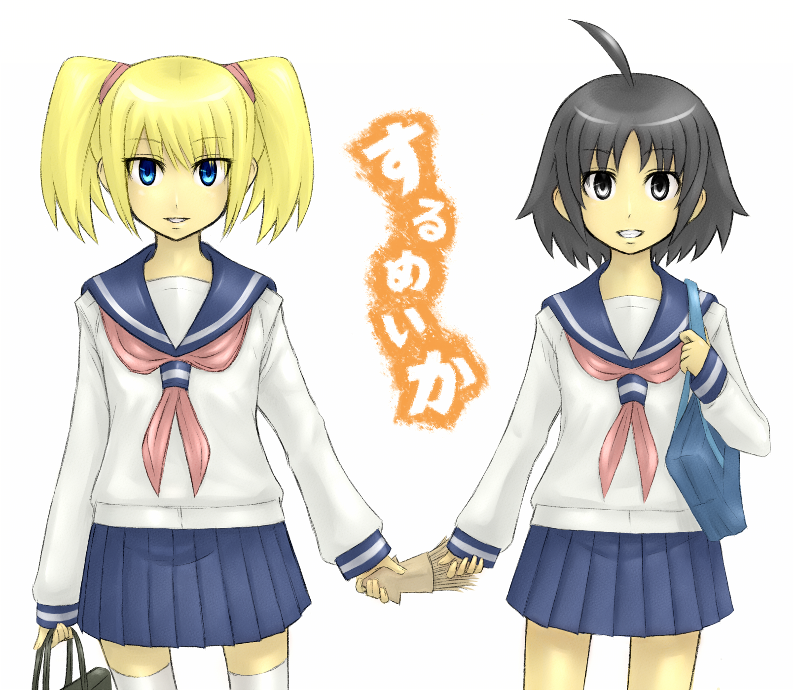 mican (cat4crow2), ugumori sachi, watanabe miki, surumeika, bookbag, highres, bag, school uniform, squid, thighhighs, zettai ryouiki