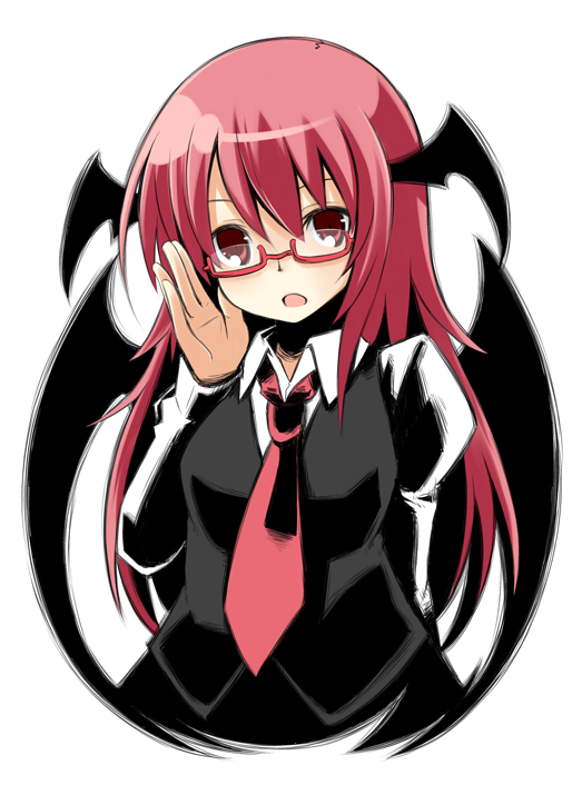 mukunoki nanatsu, nanatsu, koakuma, embodiment of scarlet devil, touhou, bad id, bad pixiv id, 1girl, bat wings, bespectacled, female focus, glasses, head wings, long hair, red eyes, red hair, solo, wings
