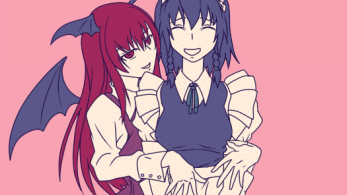 izayoi sakuya, koakuma, remilia scarlet, maria holic, touhou, dark blue hair, animated, animated gif, artist request, derivative work, lowres, non-web source, source request, 3girls, :d, angry, assisted exposure, bat wings, blue eyes, blue hair, bouncing breasts, braid, breast padding, breasts, bursting breasts, chibi, clenched teeth, demon girl, embarrassed, female focus, flashing, hairband, hat, head wings, in the face, long hair, maid, maid headdress, medium breasts, multiple girls, naughty face, open mouth, parody, red eyes, red hair, ribbon, shaded face, short hair, smile, teeth, twin braids, undressing, upper body, what, wings, worried, yuri