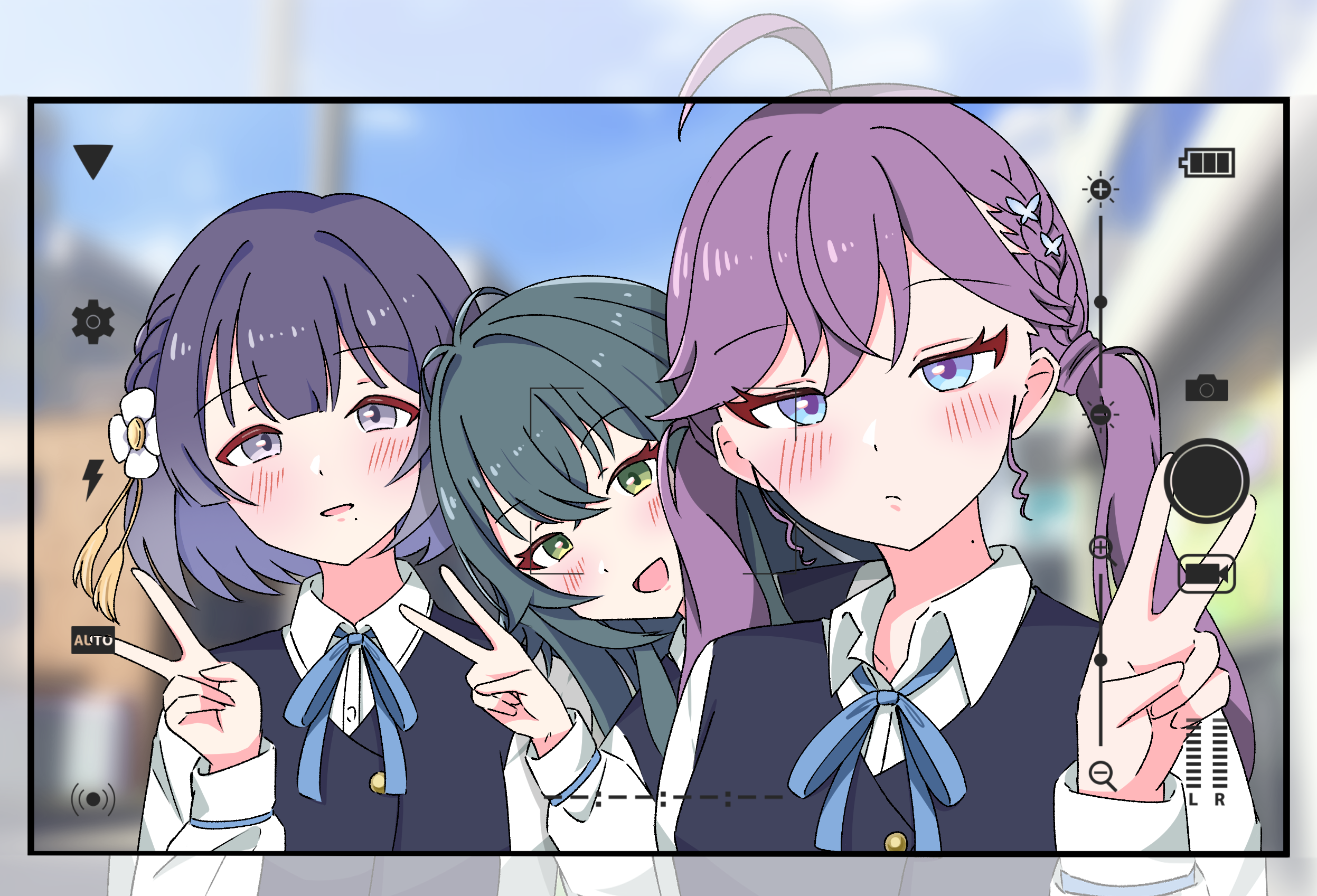 shinouzip, hataya misuzu, kaya rinha, tsukimura temari, gakuen idolmaster, idolmaster, commentary request, highres, 3girls, ahoge, blue ribbon, blue vest, blurry, blurry background, blush, dress shirt, fake phone screenshot, fake screenshot, green hair, hatsuboshi gakuen school uniform, looking at viewer, matching outfits, mole, mole on neck, mole under mouth, multiple girls, neck ribbon, outdoors, purple hair, ribbon, school uniform, shirt, smile, syngup! (idolmaster), upper body, v, vest, viewfinder, white shirt