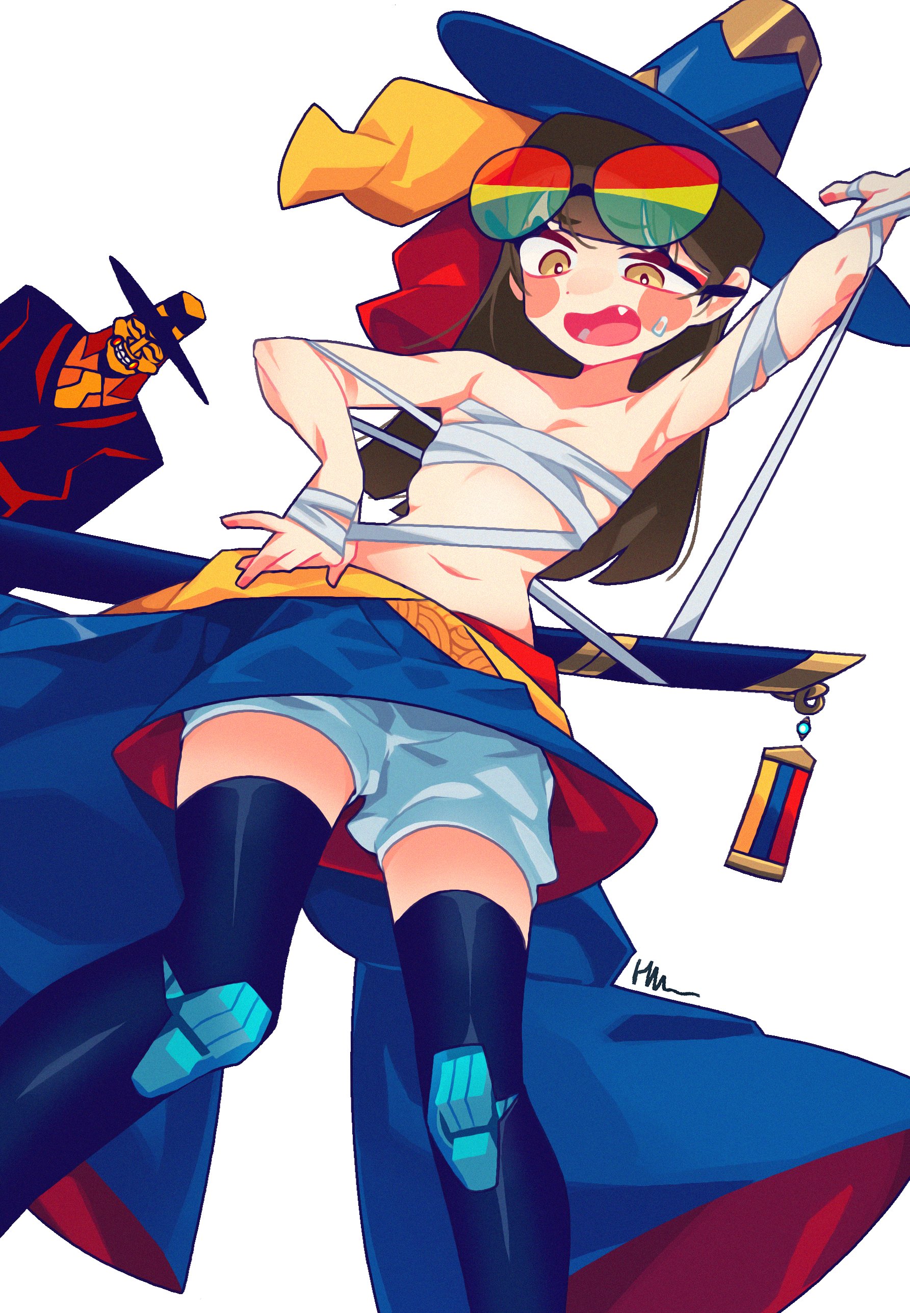 hamma, original, absurdres, highres, 1boy, 1girl, black thighhighs, blue hat, blush stickers, brown eyes, budget sarashi, dot nose, entangled, fang, flat chest, grin, hat, jacket, joints, long sleeves, multicolor-tinted eyewear, navel, necktie, open clothes, open mouth, open robe, pommel charm, robe, robot joints, sarashi, scabbard, sheath, sheathed, shorts, signature, simple background, smile, straight hair, suit jacket, sweatdrop, sword, thighhighs, tinted eyewear, weapon, white background, white shorts, wide brim, yellow eyes