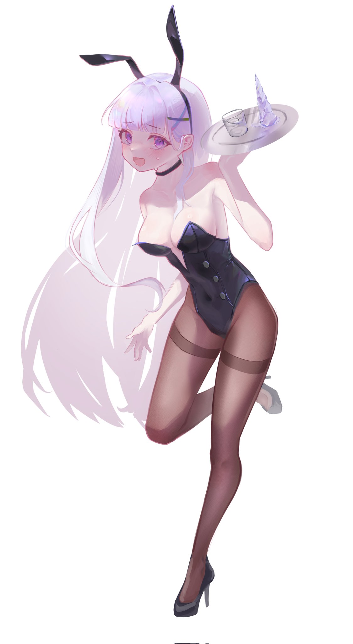 ayatsuno yuni, stellive, highres, variant set, 1girl, animal ear hairband, animal ears, arm at side, black choker, black hairband, black hiphighs, black leotard, black shoes, breasts, choker, covered navel, fake animal ears, full body, glass, grey hair, hair ornament, hairband, hand up, high heels, hiphighs, holding, holding tray, karyou dayo, leg up, leotard, long hair, medium breasts, open mouth, purple eyes, rabbit ear hairband, rabbit ears, shoes, solo, standing, standing on one leg, straight hair, strapless, strapless leotard, sweat, thighband hiphighs, tray, very long hair, virtual youtuber, x hair ornament