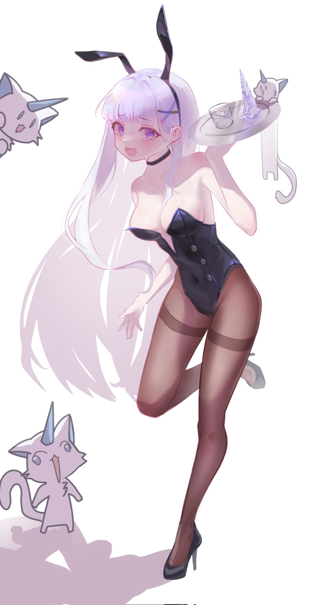 ayatsuno yuni, stellive, highres, variant set, 1girl, animal ear hairband, animal ears, arm at side, arnyang (ayatsuno yuni), black choker, black hairband, black hiphighs, black leotard, black shoes, breasts, choker, covered navel, creature, fake animal ears, full body, glass, grey hair, hair ornament, hairband, hand up, high heels, hiphighs, holding, holding tray, karyou dayo, leg up, leotard, long hair, medium breasts, open mouth, purple eyes, rabbit ear hairband, rabbit ears, shoes, solo, standing, standing on one leg, straight hair, strapless, strapless leotard, sweat, thighband hiphighs, tray, very long hair, virtual youtuber, x hair ornament