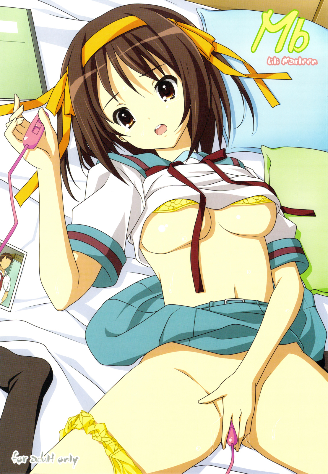 kinohara hikaru, suzumiya haruhi, suzumiya haruhi no yuuutsu, highres, 00s, 1girl, bra, bra lift, breasts, brown eyes, brown hair, clothes lift, cover, female focus, female masturbation, large breasts, lingerie, masturbation, panties, panties around leg, school uniform, serafuku, sex toy, shirt lift, skirt, skirt around belly, skirt lift, solo, underboob, underwear, vibrator