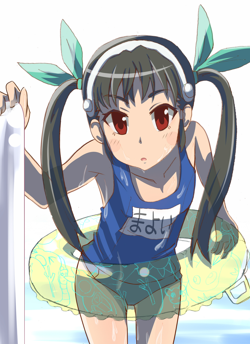 ebibaachan, hachikuji mayoi, bakemonogatari, monogatari (series), bad id, bad pixiv id, highres, 00s, 1girl, female focus, innertube, one-piece swimsuit, pool, school swimsuit, solo, swim ring, swimsuit, wet