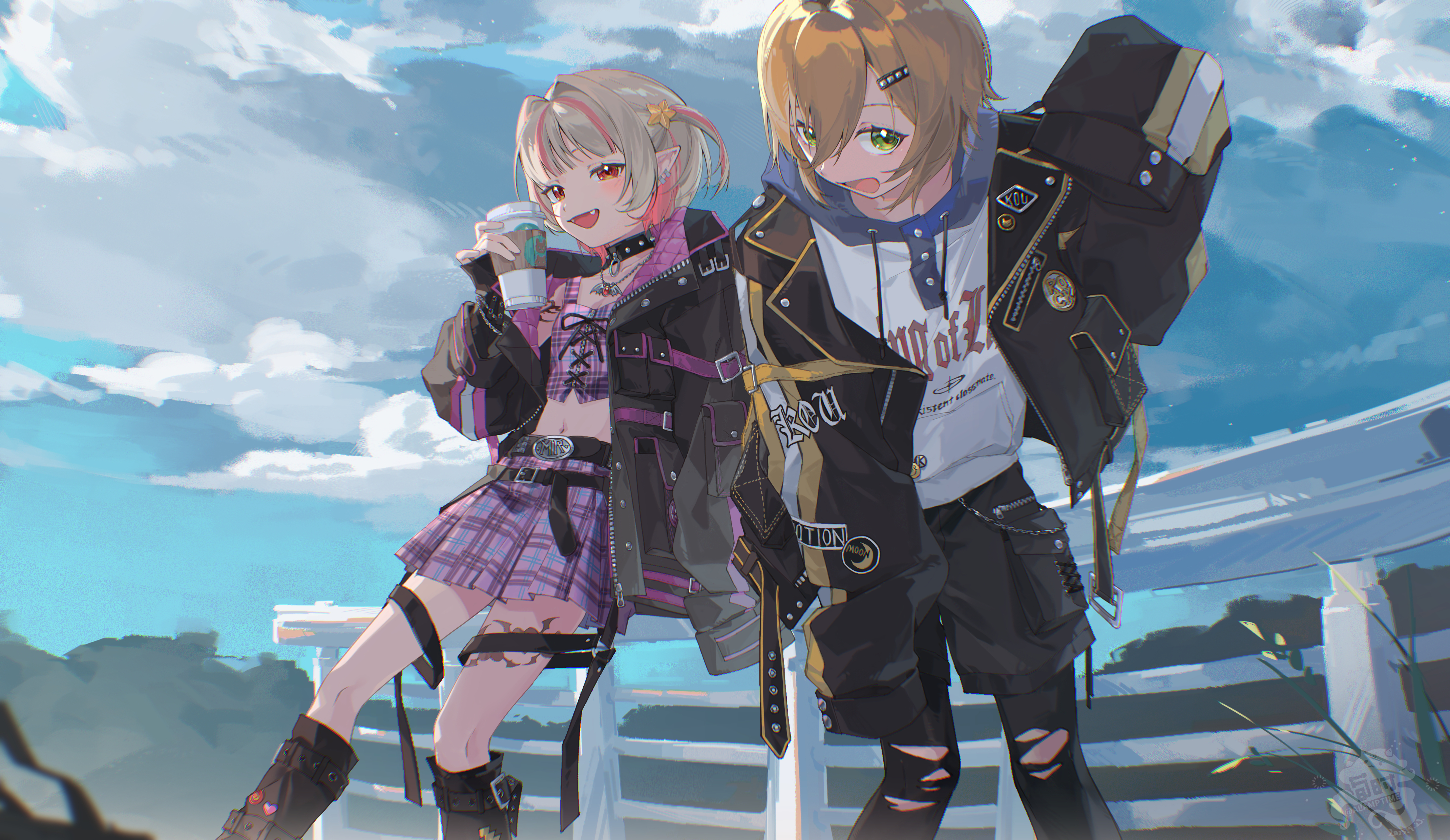 alamp, makaino ririmu, makaino ririmu (6th costume), uzuki kou, uzuki kou (5th costume), nijisanji, absurdres, highres, 1boy, 1girl, :d, arm belt, badge, bat necklace, belt, belt buckle, black arm warmers, black belt, black collar, black jacket, black leg warmers, black leggings, black shorts, black straps, blonde hair, blue hood, blunt bangs, blush, breasts, buckle, button badge, chain, chain bracelet, chain necklace, character name, cleavage, clothes writing, cloud, collar, collarbone, colored inner hair, crop top, cross-laced clothes, cross-laced top, drawstring, drink, earclip, fangs, feet out of frame, flame print, green eyes, grey hair, guard rail, hair between eyes, hair intakes, hair ornament, hairclip, hand up, heart, heart print, holding, holding drink, hood, hood down, hoodie, jacket, jewelry, lapels, leaning forward, leg belt, leg tattoo, leg warmers, leggings, lightning bolt print, looking at viewer, loose belt, midriff, miniskirt, multicolored hair, multiple belts, navel, necklace, no headwear, notched lapels, o-ring, o-ring collar, o-ring thigh strap, open belt, open clothes, open jacket, open mouth, outdoors, pendant, pink belt, pink hair, pink jacket, pink skirt, pink streaks, plaid clothes, plaid skirt, pleated skirt, pocket, pointy ears, print hoodie, red eyes, short hair, shorts, shoulder tattoo, side-by-side, skirt, sky, sleeves past fingers, sleeves past wrists, small breasts, smile, spiked collar, spikes, standing, star (symbol), star hair ornament, streaked hair, studded belt, tattoo, thigh strap, torn clothes, torn leggings, two-sided fabric, two-sided jacket, two-tone hair, two side up, unbuttoned, unzipped, upturned eyes, virtual youtuber, wallet chain, white hoodie, winged heart, winged heart tattoo, wolf cut, yellow belt, yellow trim, zipper, zipper top