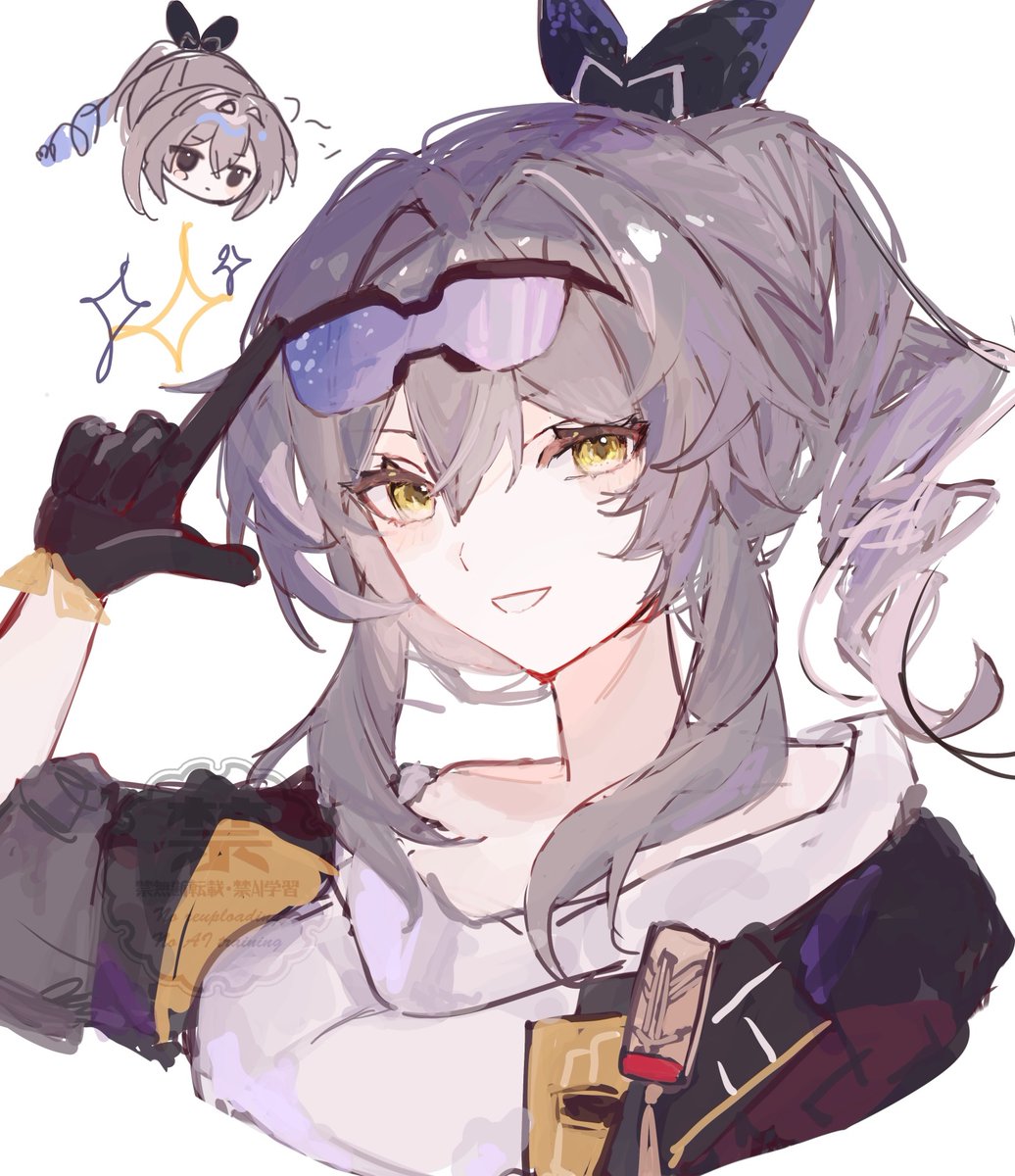 nonoko (1k6sx1encx45226), silver wolf (honkai: star rail), stelle (honkai: star rail), trailblazer (honkai: star rail), honkai: star rail, honkai (series), highres, 1girl, black gloves, black jacket, borrowed accessory, borrowed hairstyle, breasts, cropped torso, drill hair, drill ponytail, eyewear on head, gloves, grey hair, grin, hair between eyes, hair ribbon, hand up, index finger raised, jacket, long hair, looking at viewer, medium breasts, purple-tinted eyewear, ribbon, shirt, simple background, single drill, smile, tinted eyewear, white background, white shirt, yellow eyes