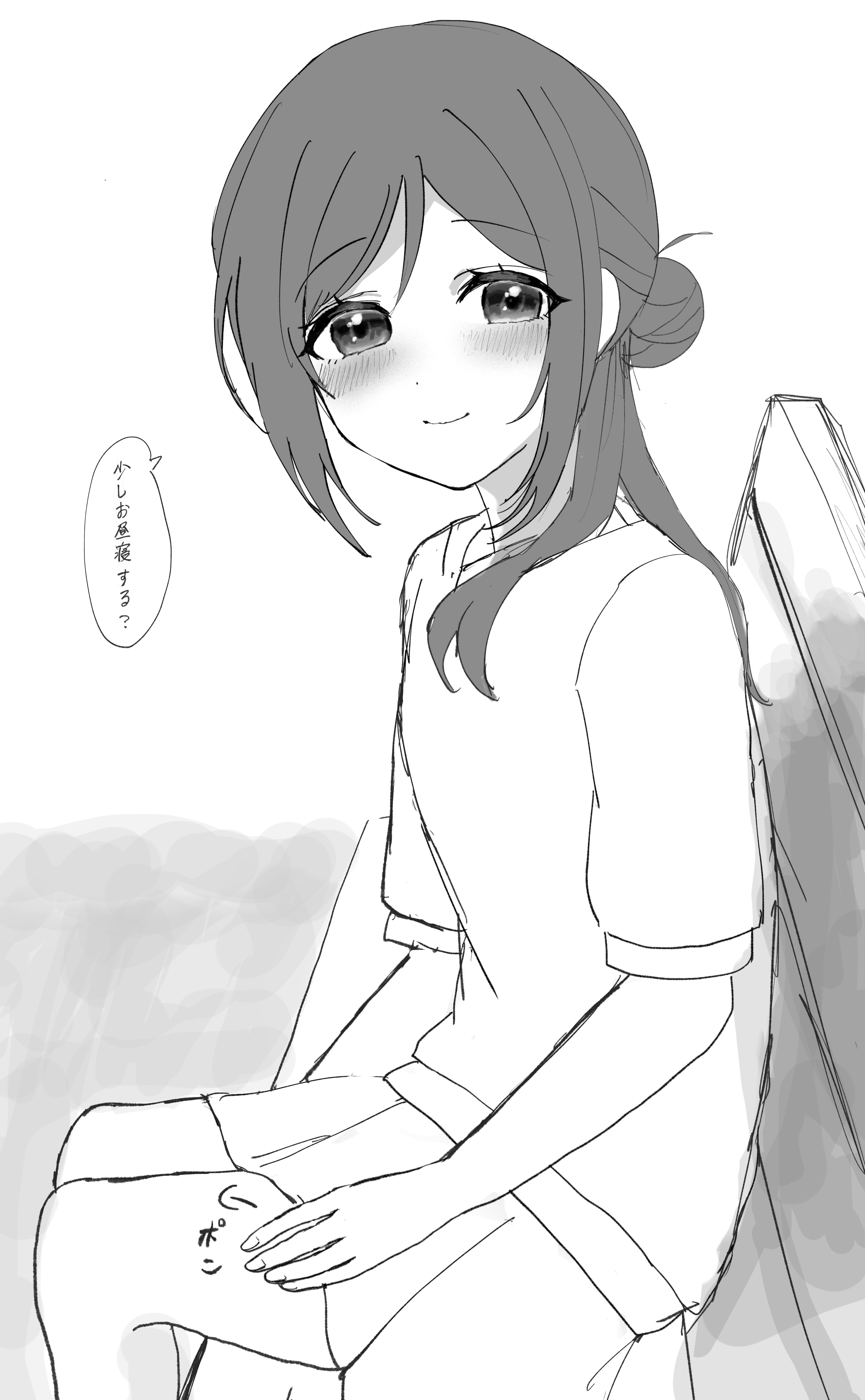 himesaki rinami, gakuen idolmaster, idolmaster, absurdres, commentary request, highres, translation request, 1girl, aged down, blush, feet out of frame, greyscale, lap pillow invitation, long hair, looking at viewer, monochrome, on bench, pleated skirt, pov, shirt, siroko m, sitting, skirt, smile, solo, speech bubble