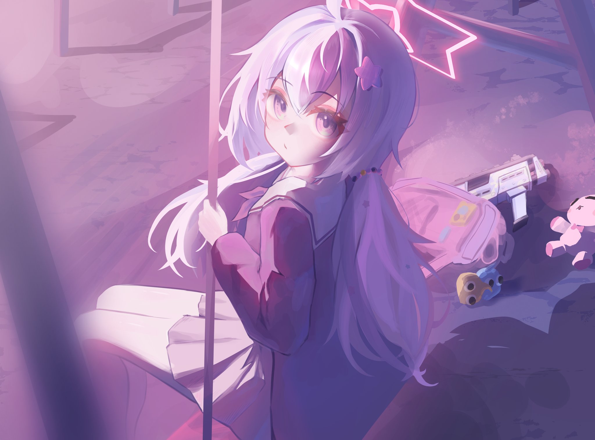 reisa (blue archive), blue archive, commentary, highres, symbol-only commentary, 1girl, backpack, bag, closed mouth, double-parted bangs, feet out of frame, from side, grey hair, grey skirt, gun, halo, holding, holding rod, karyou dayo, long hair, looking at viewer, looking to the side, pink halo, pleated skirt, purple eyes, purple hair, purple shirt, purple theme, rod, sailor collar, school uniform, serafuku, shirt, sitting, skirt, solo, star halo, twintails, weapon, white sailor collar