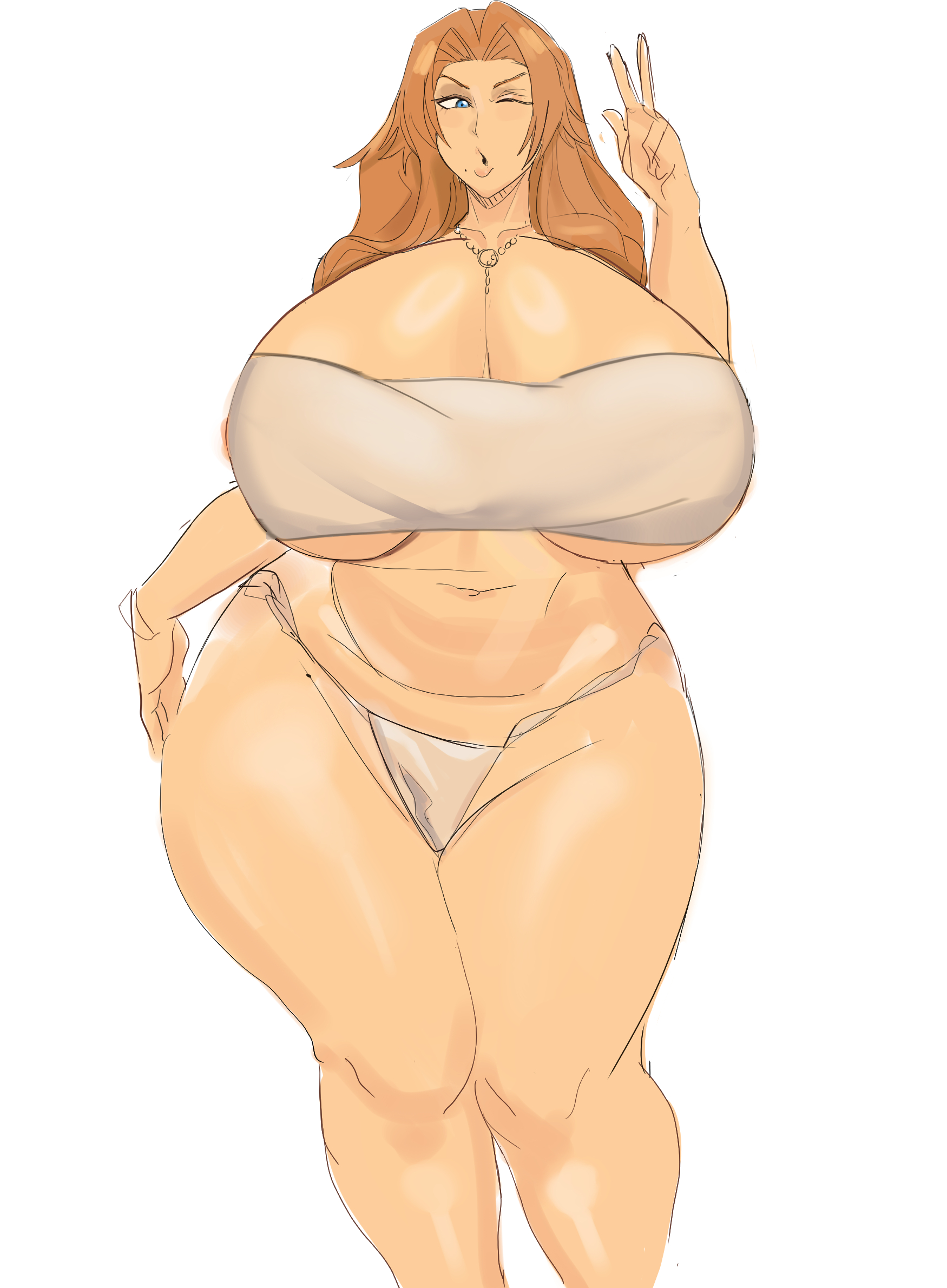 koco gi, matsumoto rangiku, bleach, commentary, english commentary, highres, paid reward available, 1girl, bare shoulders, breasts, chain, chain necklace, collarbone, curvy, female focus, hand on own hip, jewelry, large breasts, legs together, long hair, mole, mole under mouth, navel, necklace, one eye closed, parted lips, peace symbol, simple background, solo, solo focus, standing, stomach, thick thighs, thighs, white background, wide hips, wink